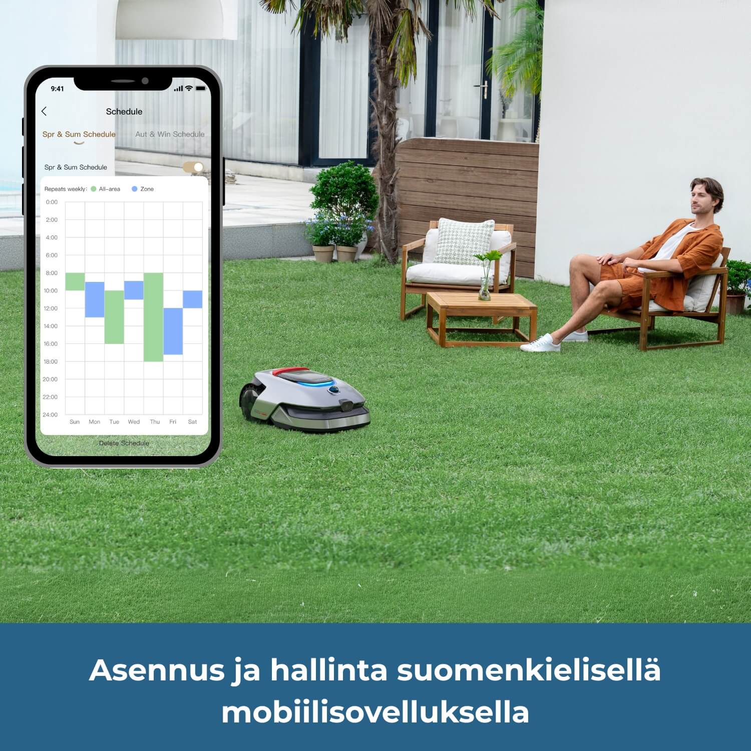 Dreame A2 robottiruohonleikkuri asennetaan ja sitä hallitaan helposti suomenkielisellä mobiilisovelluksella.
