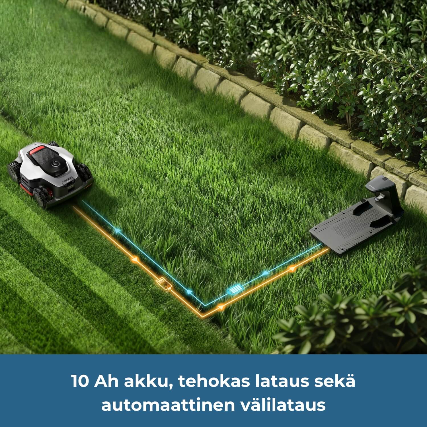 Dreame A3 Pro AWD 5000 robottiruohonleikkurissa on 10 Ah akku, tehokas lataus sekä automaattinen välilataus.