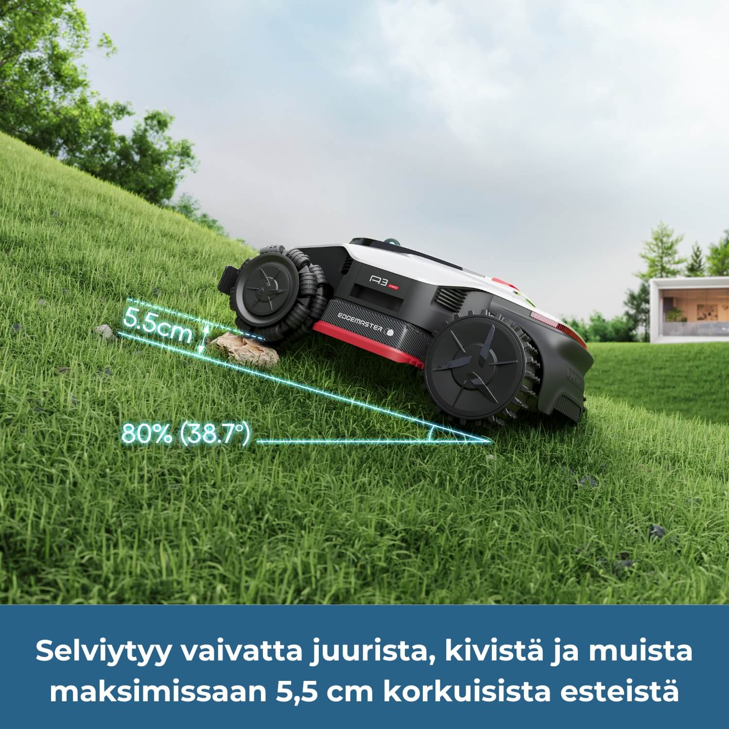 Dreame A3 Pro AWD 2500/3500/5000 robottiruohonleikkuri selviytyy vaivatta juurista, kivistä ja muista maksimissaan 5,5cm korkuisista esteistä.