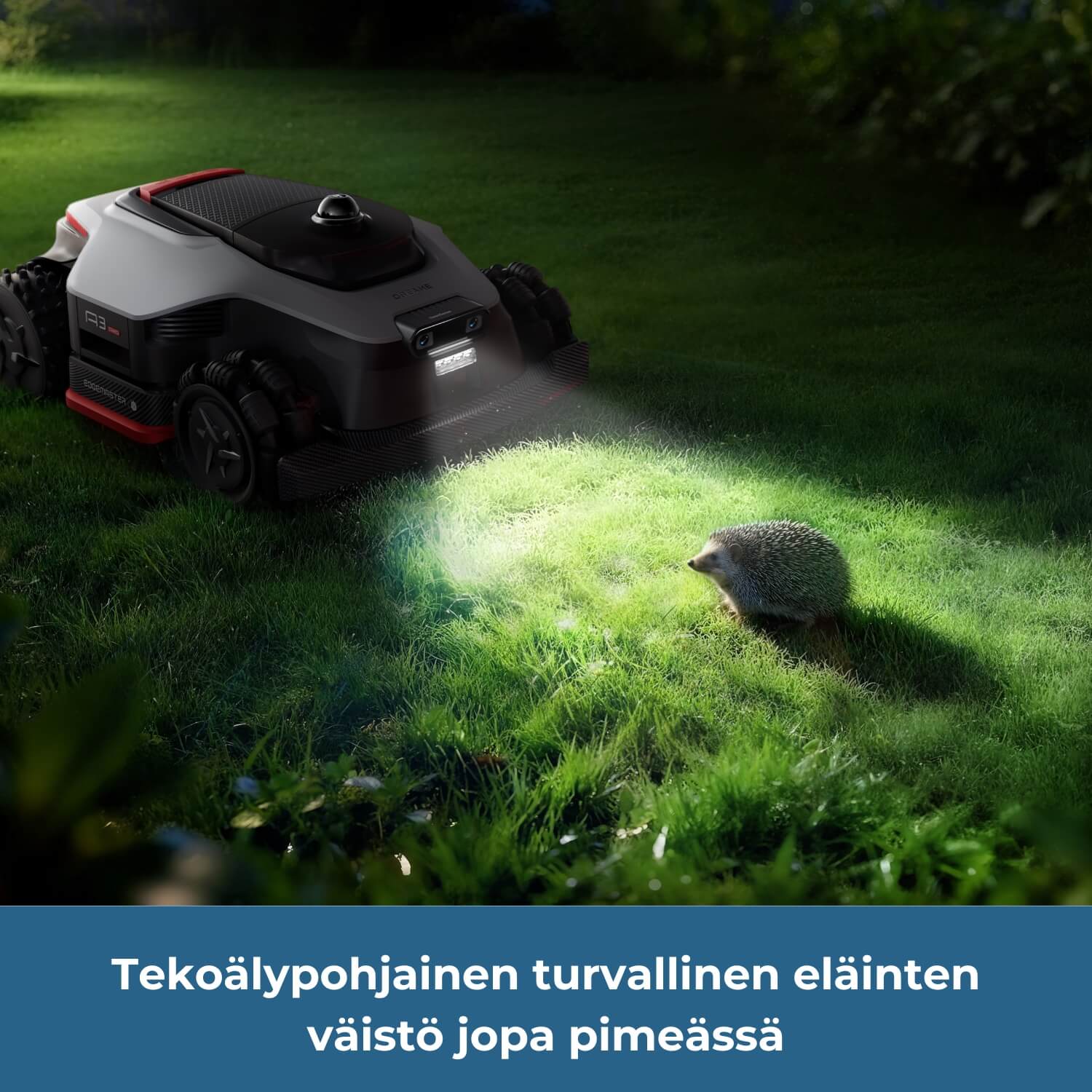 Dreame A3 Pro AWD 2500/3500/5000 robottiruohonleikkurin tekoälypohjainen esteidenväistö väistää luonnoneläimet, kuten siilit, sekä lemmikit jopa pimeässä, joten se on turvallinen käyttää.