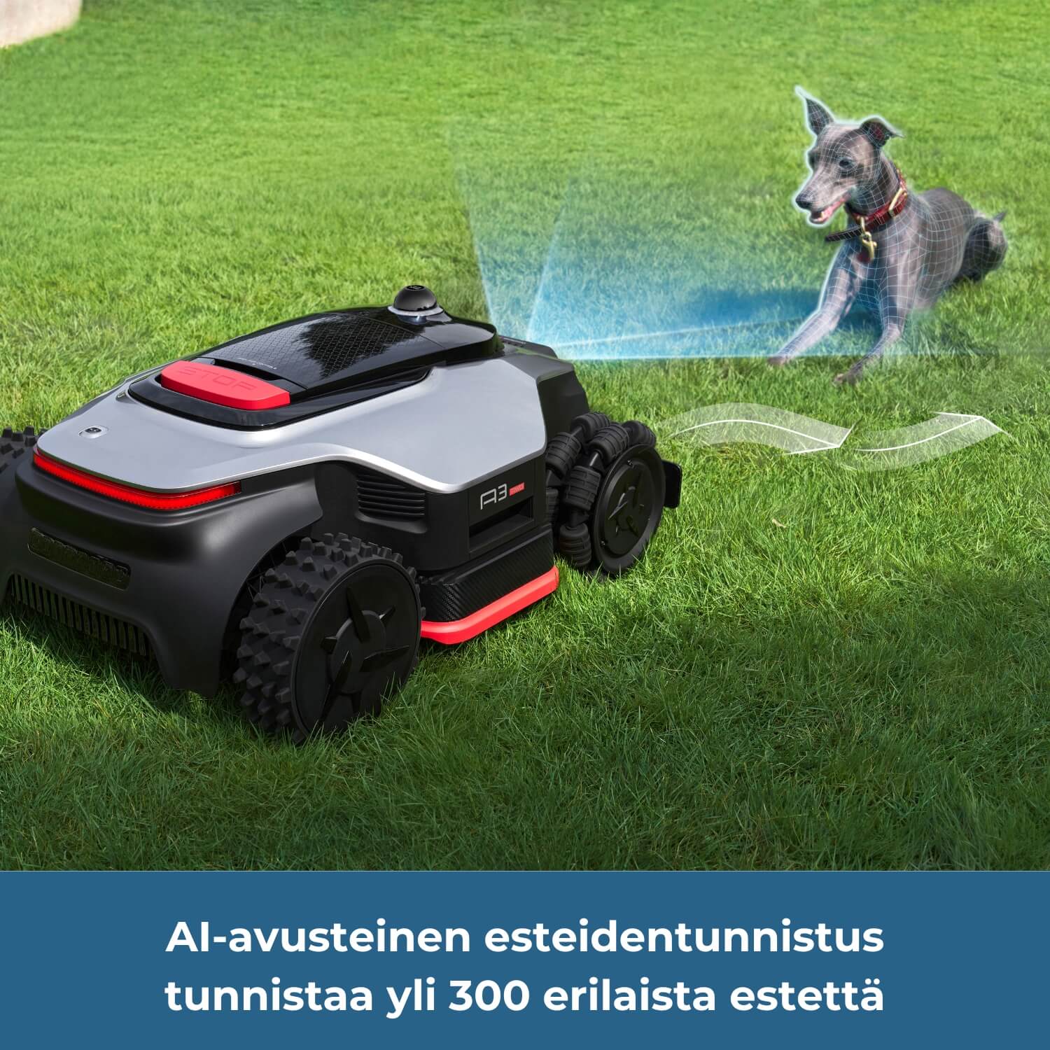 Dreame A3 Pro AWD 2500/3500/5000 robottiruohonleikkurin tekoälyavusteinen esteidentunnistusteknologia tunnistaa yli 300 erilaista estettä, kuten eläimet, puutarhaletkut, kukkaruukut ja pihakalusteet.