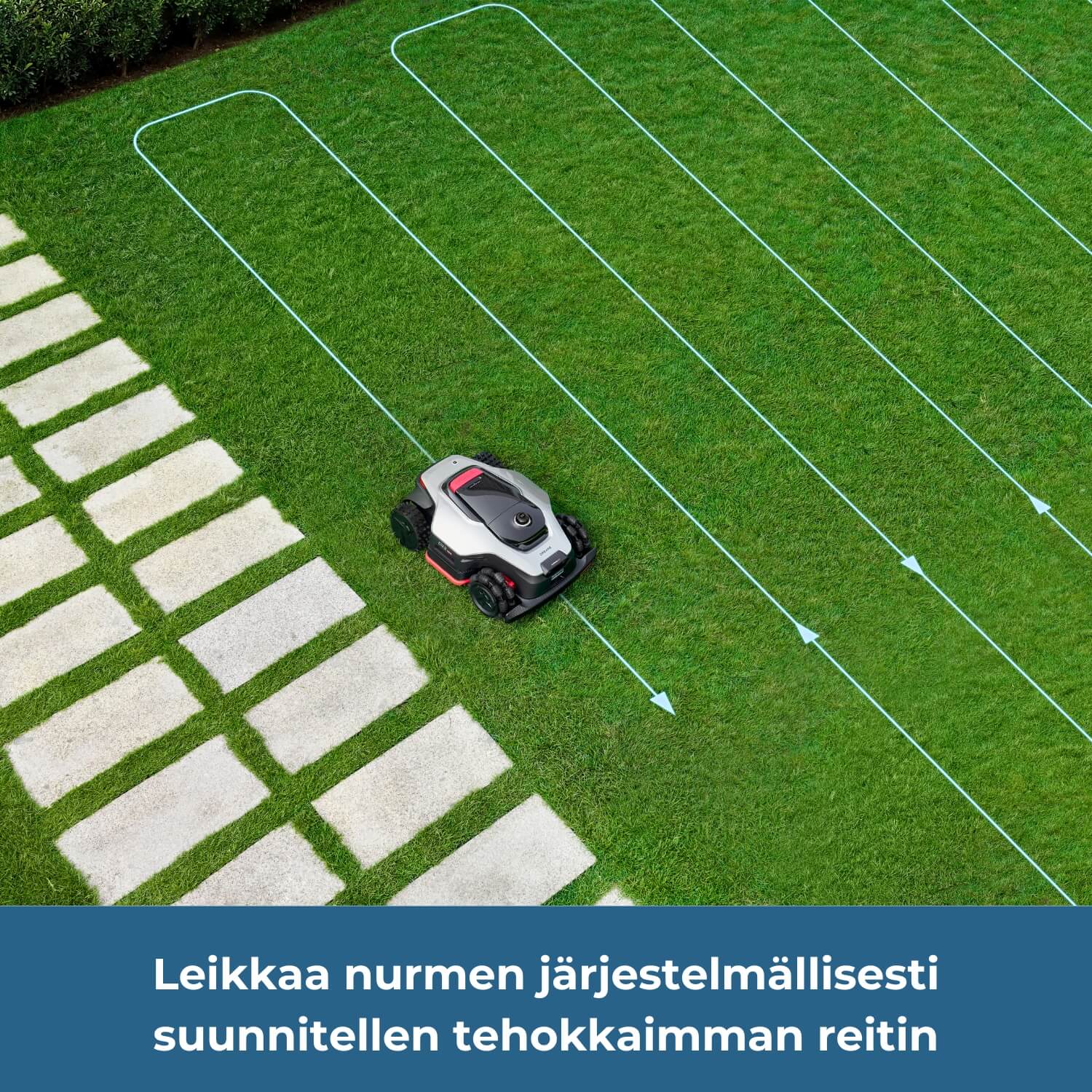 Dreame A3 Pro AWD 2500/3500/5000 robottiruohonleikkuri leikkaa nurmen järjestelmällisesti ja suunnittelee tehokkaimman reitin.