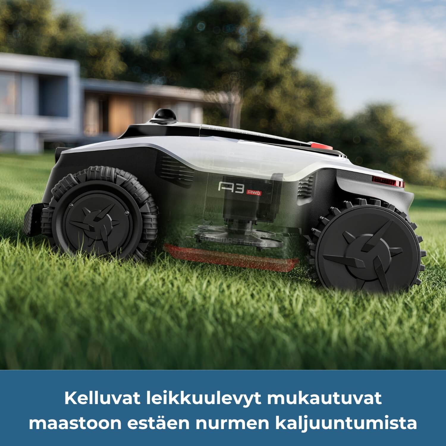 Dreame A3 Pro AWD 2500/3500/5000 robottiruohonleikkurin kelluvasti asennetut leikkuulevyt mukautuvat epätasaiseen maastoon estäen nurmen kaljuuntumista.
