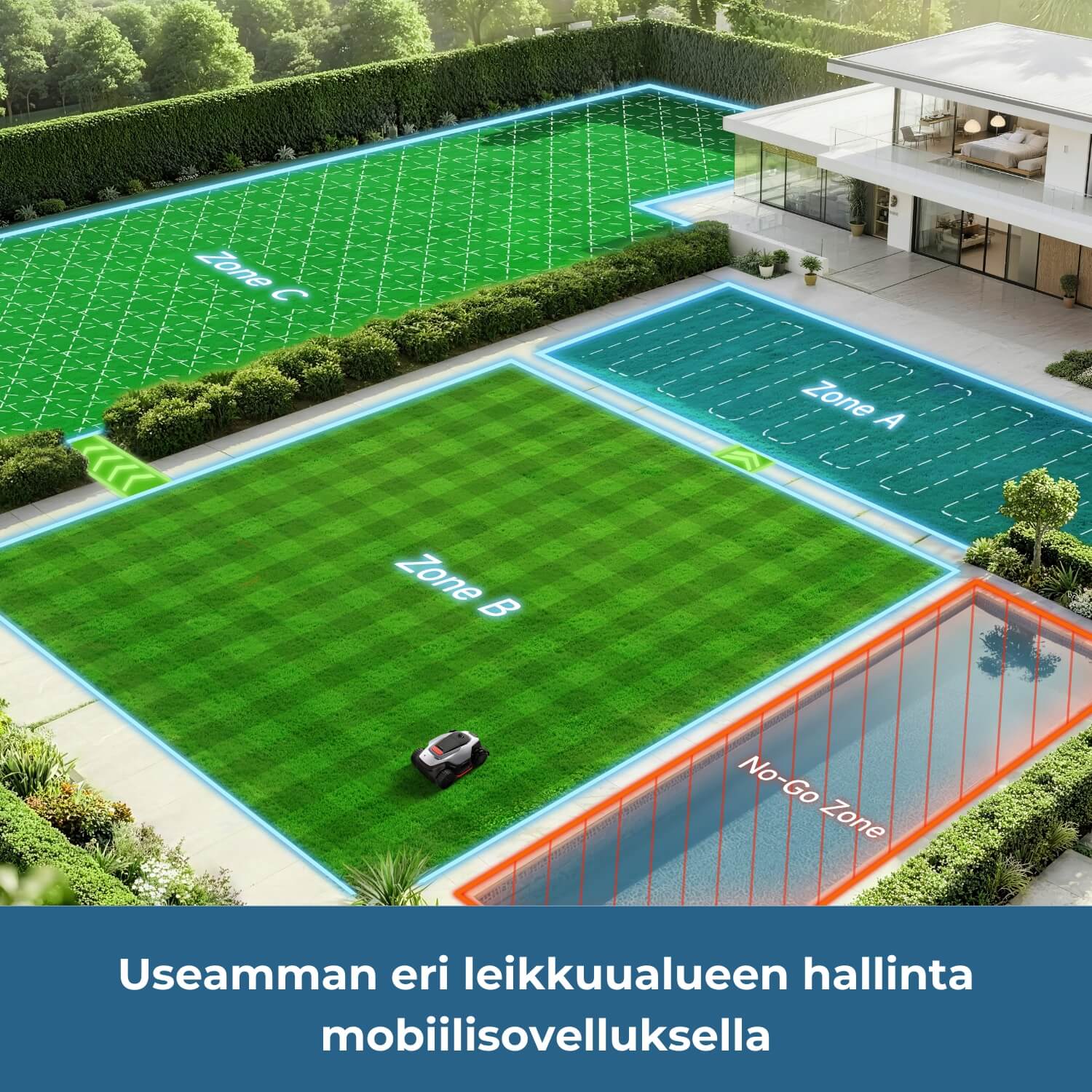 Dreame A3 Pro AWD 2500/3500/5000 robottiruohonleikkuri voi hallita useampaa erillistä leikkuualuetta, joiden asetukset voi mukauttaa mobiilisovelluksella.