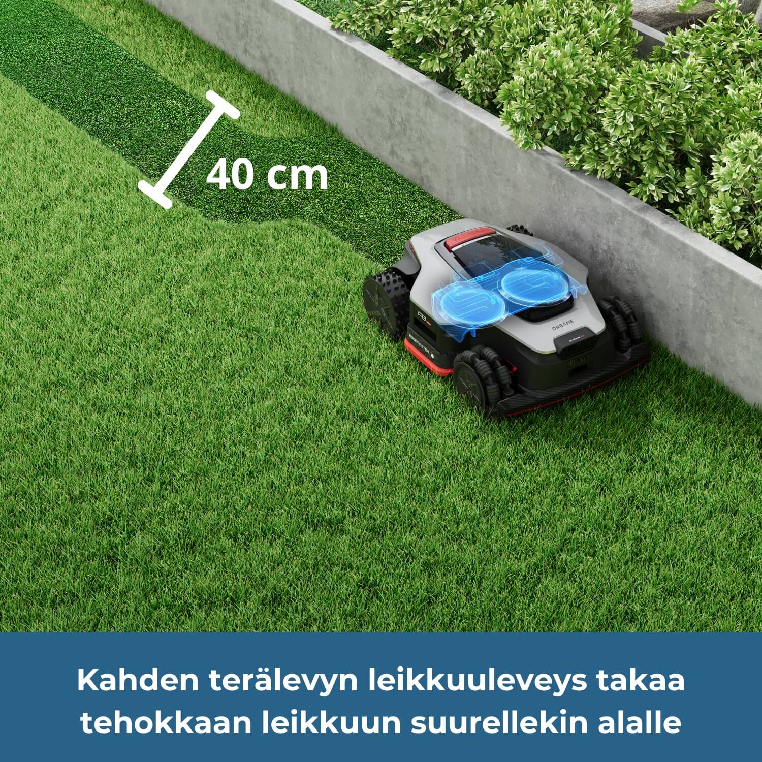 Dreame A3 Pro AWD 2500/3500/5000 robottiruohonleikkurin kahden terälevyn leikkuuleveys (40cm) takaa tehokkaan leikkuun suurellekin alalle.