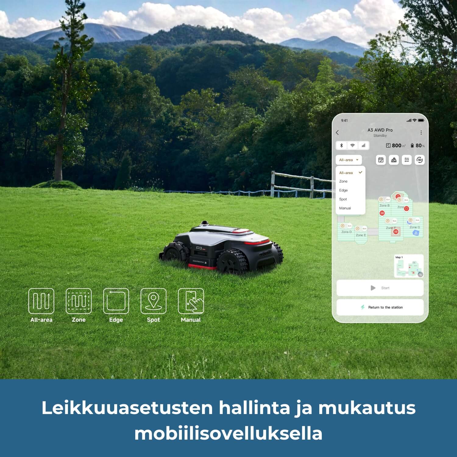 Dreame A3 Pro AWD 2500/3500/5000 robottiruohonleikkurin leikkuuasetuksia voidaan mukauttaa ja hallita mobiilisovelluksella.