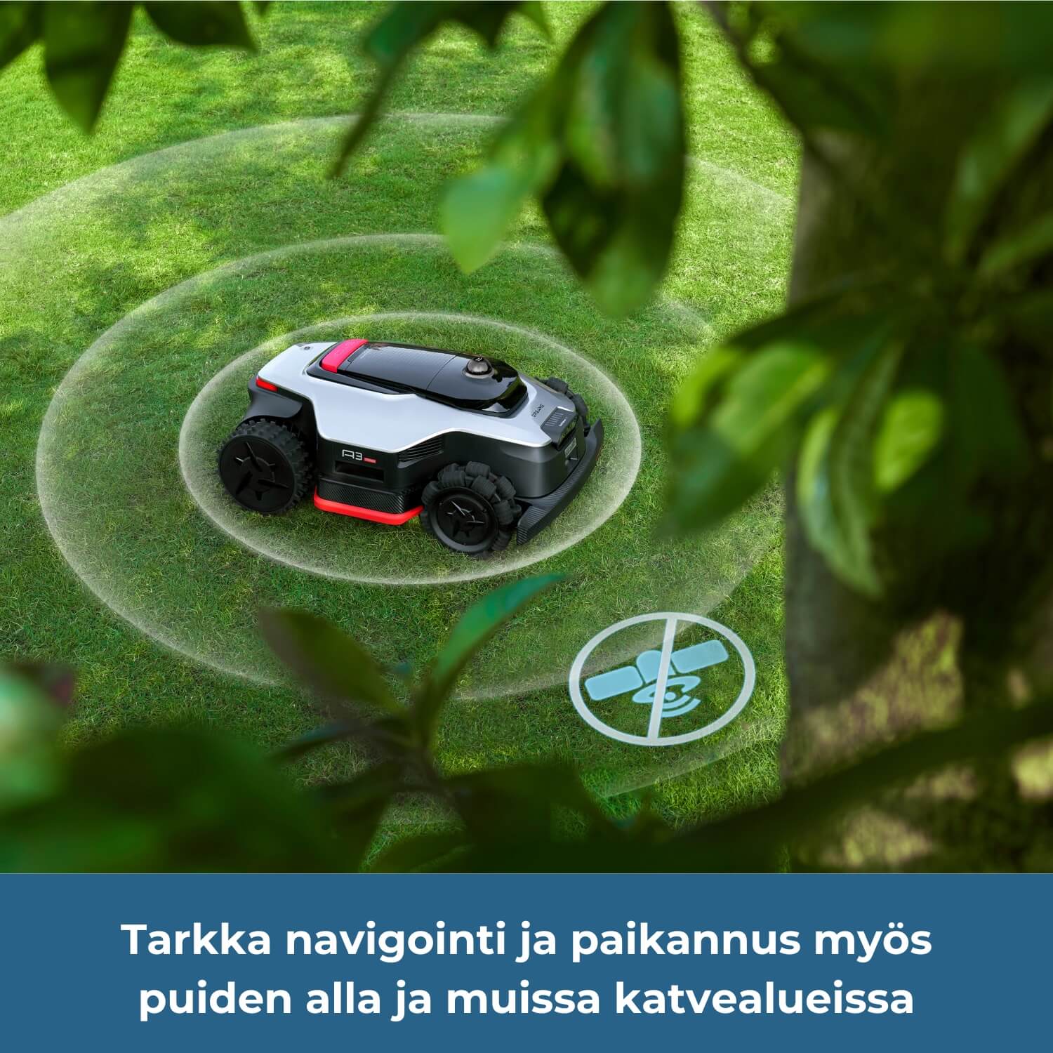 Dreame A3 Pro AWD 2500/3500/5000 robottiruohonleikkuri navigoi tarkasti myös puiden alla, rakennusten takana, pimeässä tai muissa katvealueissa.