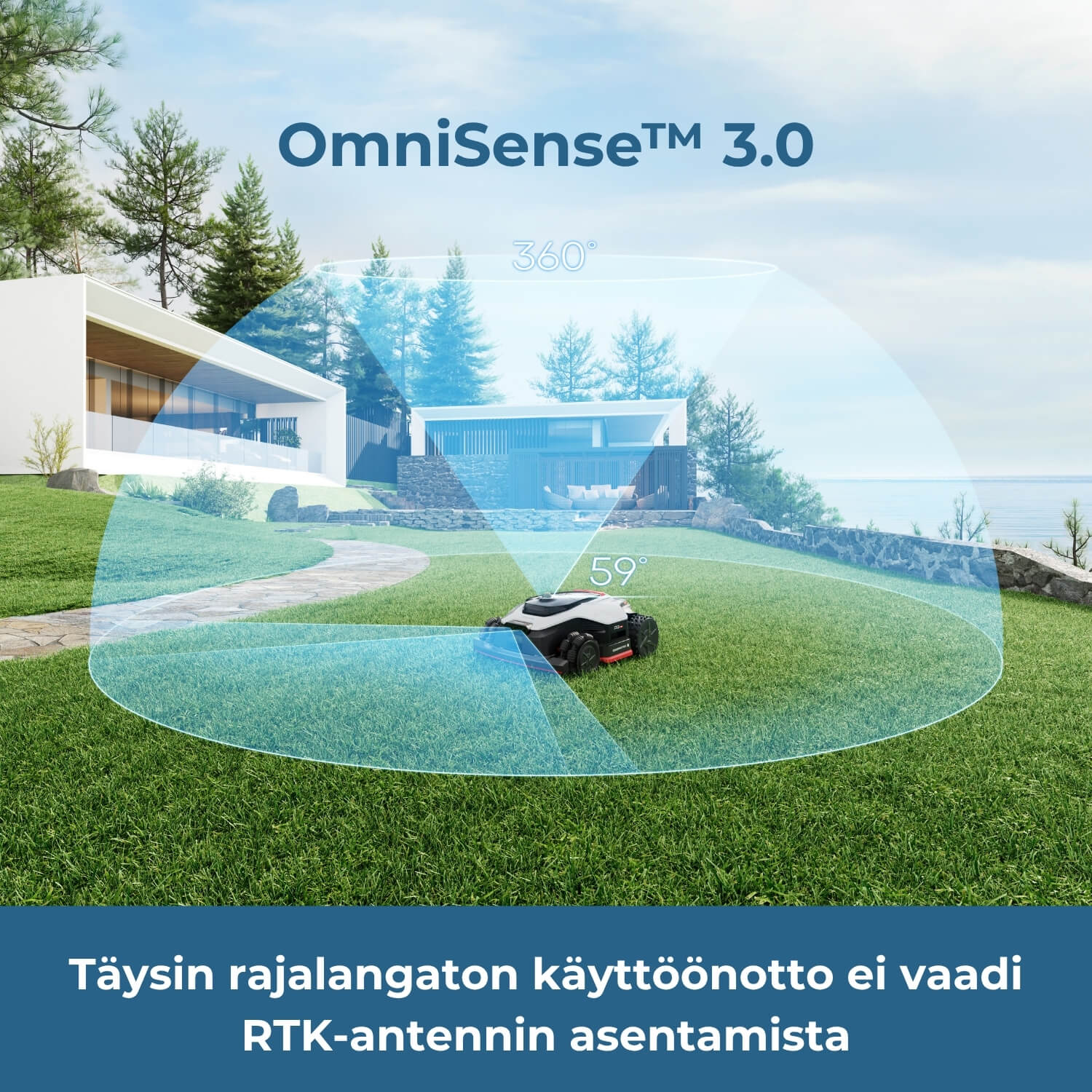 Dreame A3 Pro AWD 2500/3500/5000 robottiruohonleikkurin täysin rajalangaton käyttöönotto ei vaadi RTK-antennin asetamista, vaan robottileikkuri navigoi OmniSense 3.0 -tekniikalla.