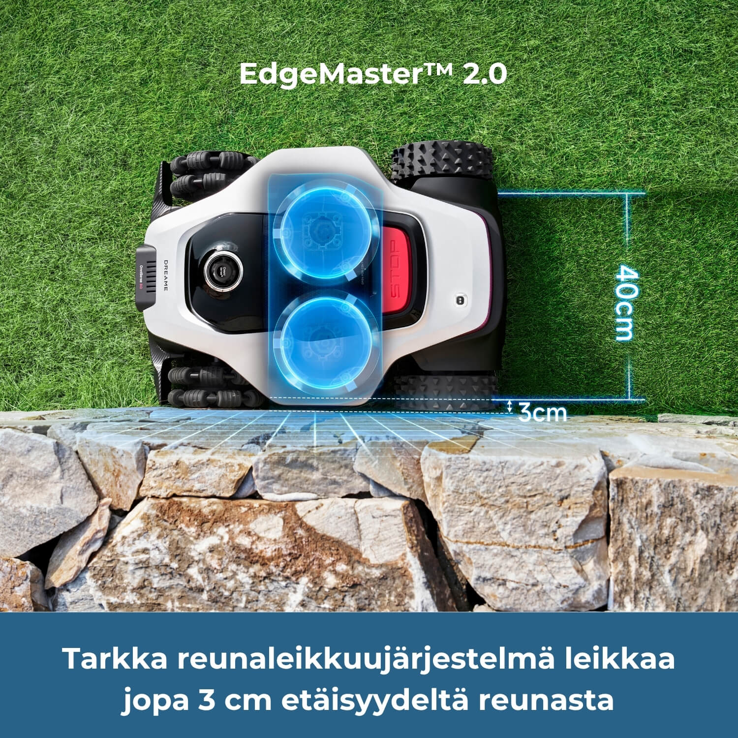 Dreame A3 Pro AWD 2500/3500/5000 robottiruohonleikkurin tarkka EdgeMow 2.0 reunaleikkuujärjestelmä leikkaa jopa 3cm etäisyydeltä esimerkiksi aidan tai kukkapenkin reunasta.
