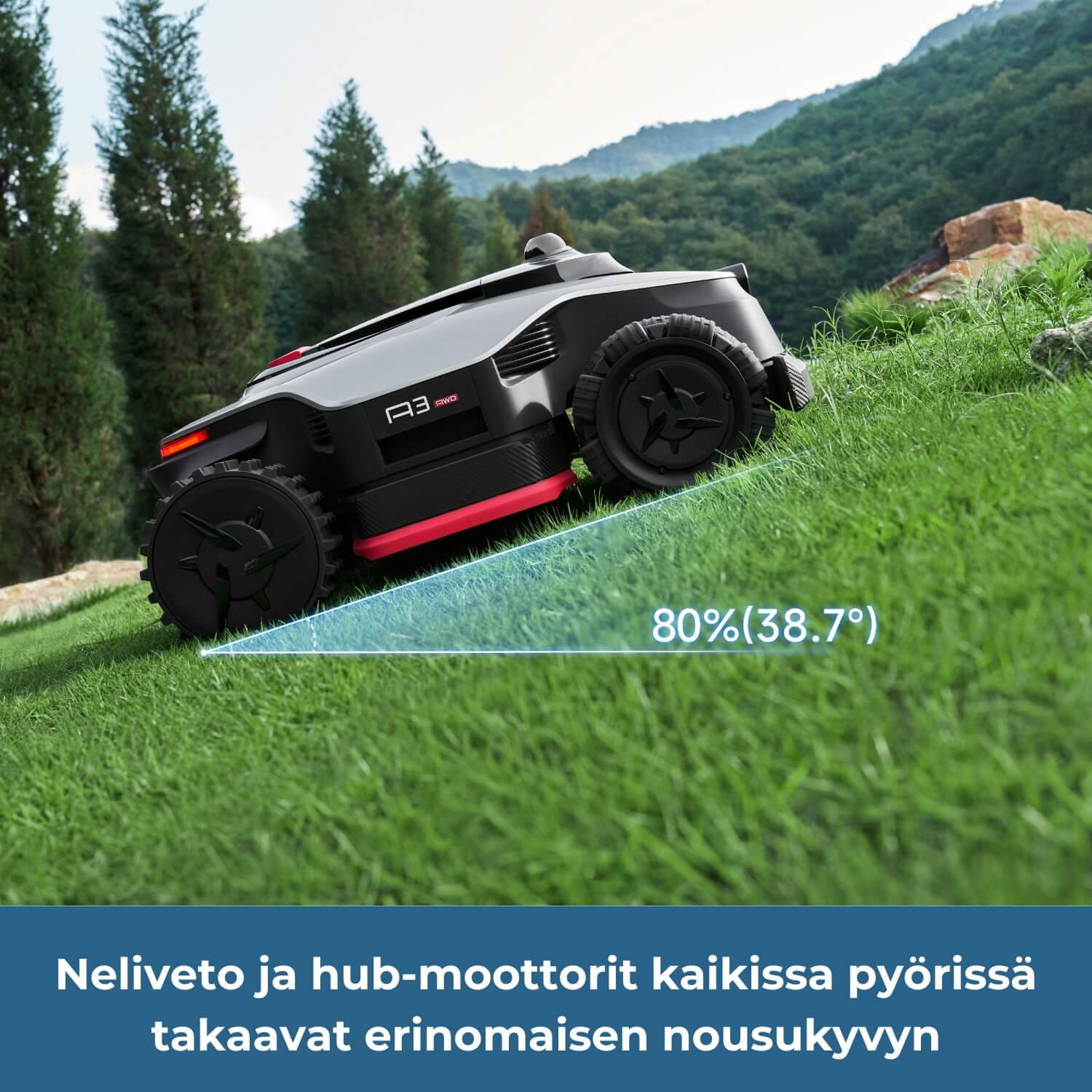 Dreame A3 Pro AWD 2500/3500/5000 robottiruohonleikkurin neliveto ja ub-moottorit kaikissa pyörissä takaavat erinomaisen nousukyvyn rinteissä.