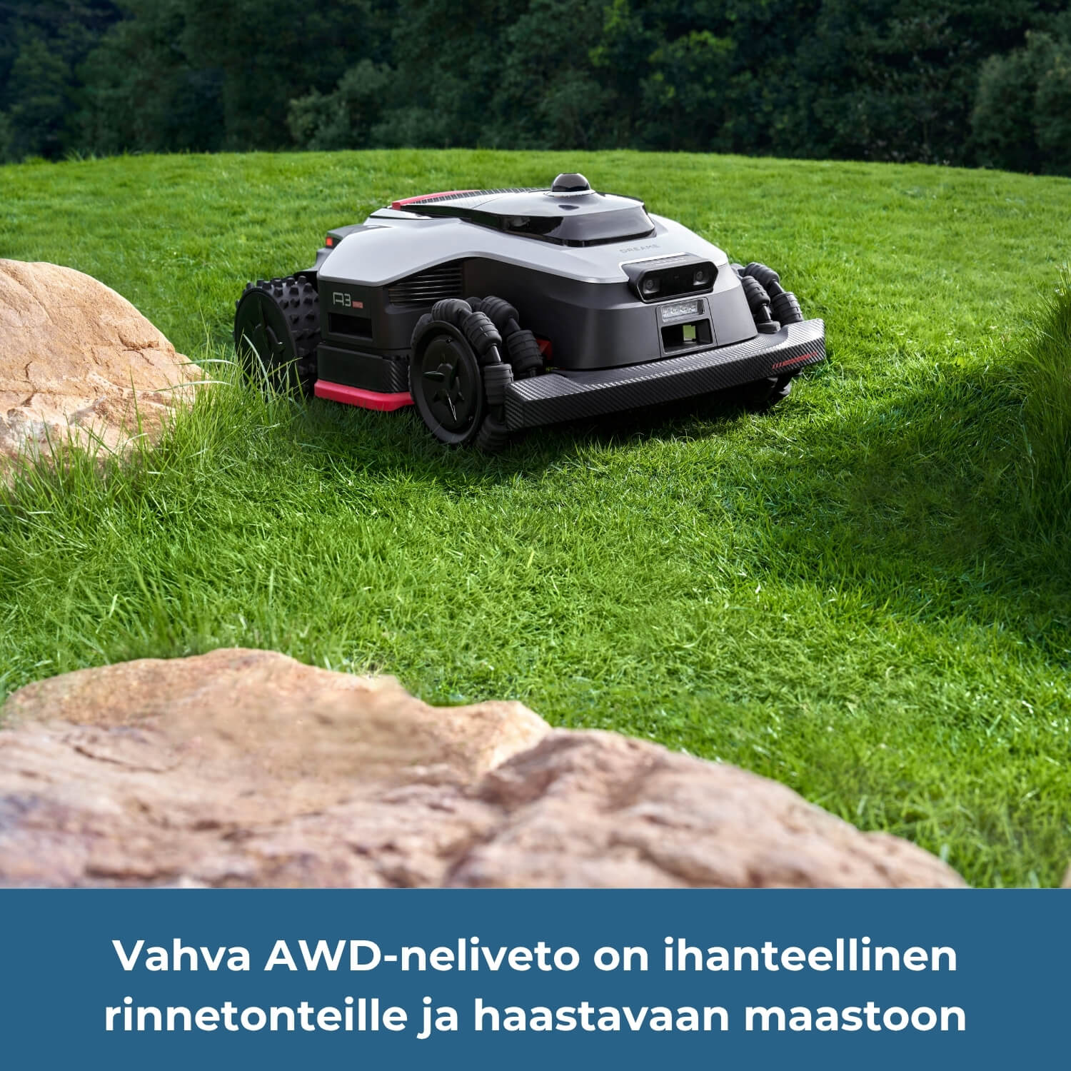 Dreame A3 Pro AWD 2500/3500/5000 robottiruohonleikkuri on ihanteellinen rinnetonteille ja haastavaan maastoon (AWD-neliveto).