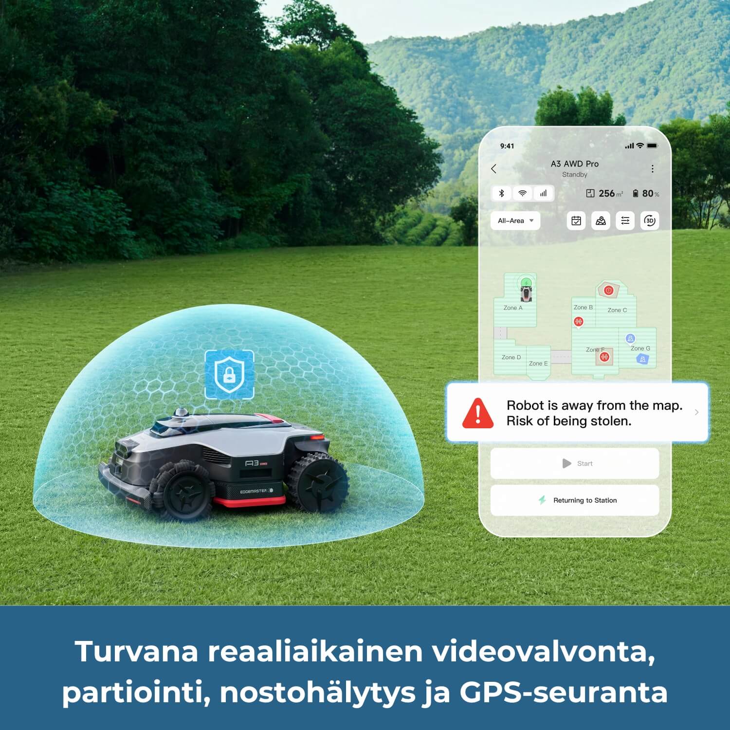 Dreame A3 Pro AWD 2500/3500/5000 robottiruohonleikkurin turvallisuusjärjestelmä: reaaliaikainen videovalvonta. partiointi, nostohälytys ja GPS-seuranta.