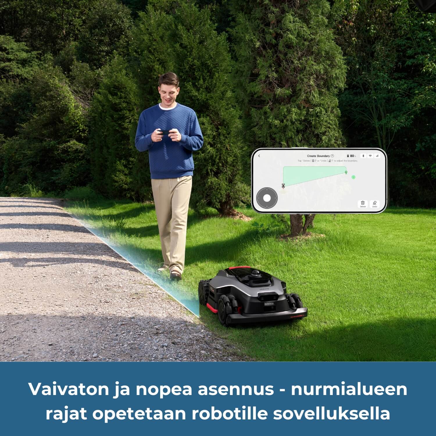Dreame A3 Pro AWD 2500/3500/5000 robottiruohonleikkurin asennus on vaivaton ja nopea - nurmialueen rajat opetetaan robotille mobiilisovelluksella.