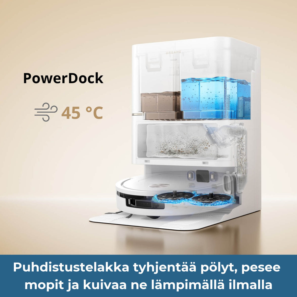 Dreame D40 Ultra robotti-imurin PowerDock puhdistustelakka tyhjentää pölyt, pesee mopit ja kuivaa ne lämpimällä ilmalla