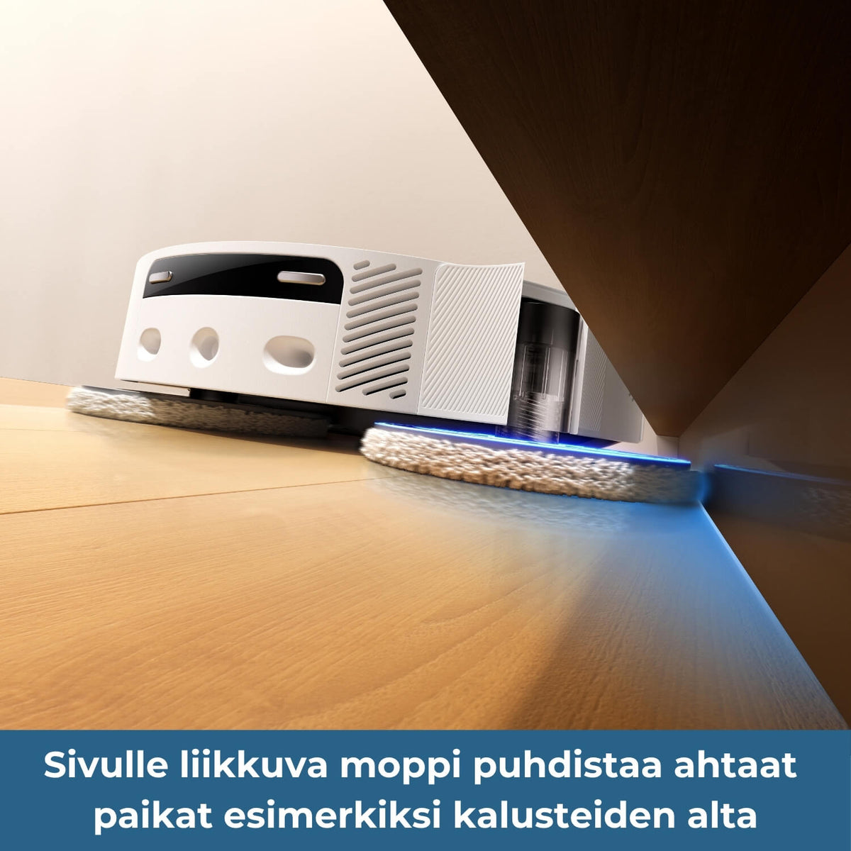 Dreame D40 Ultra robotti-imurin sivulle liikkuva moppi puhdistaa ahtaat paikat esimerkiksi kalusteiden ja kaapistojen reunan alta.