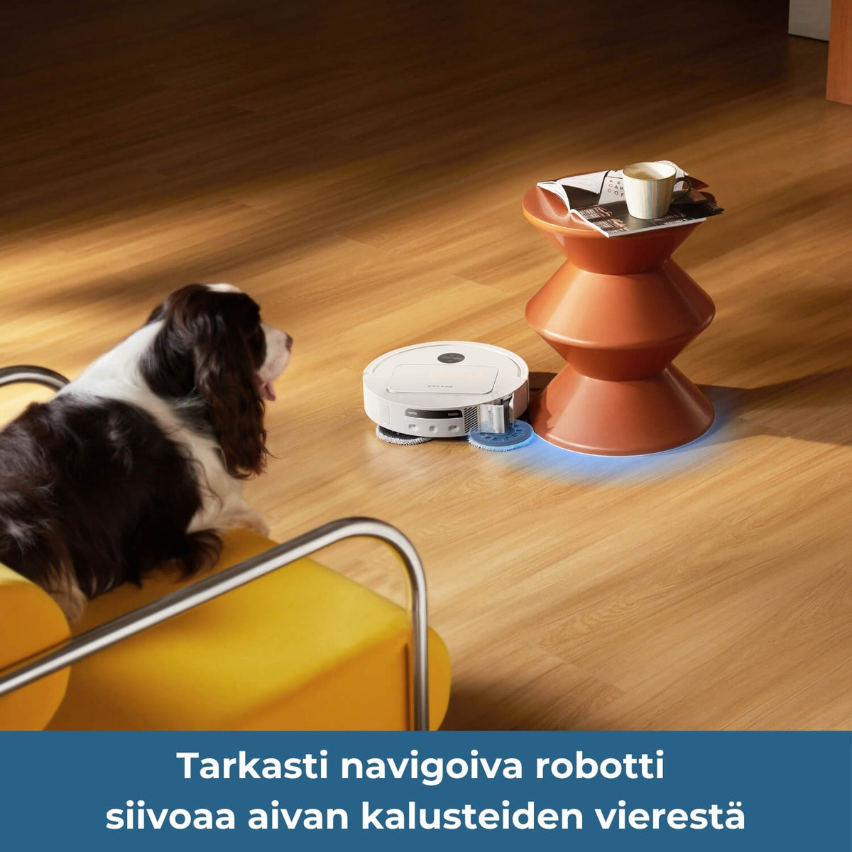 Tarkasti navigoiva Dreame D40 Ultra -robotti siivoaa aivan kalusteiden vierestä.