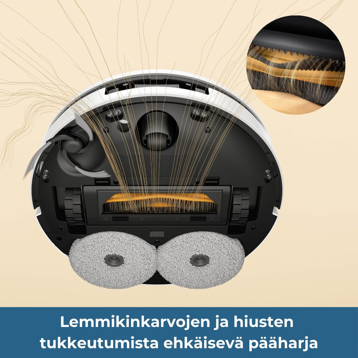Dreame D40 Ultra robotti-imurin åääharjateknologia ehkäisee lemmikinkarvojen ja hiusten tukkeutumista