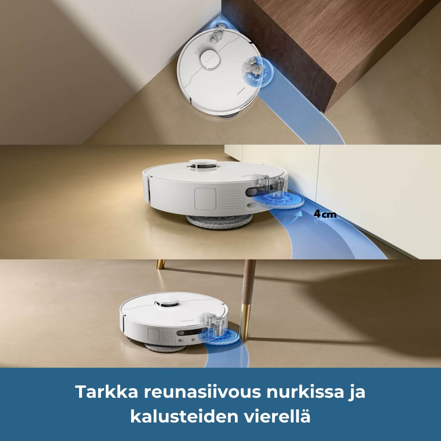 Dreame L10s Ultra Gen 3 robotti-imuri tarkka reunasiivous nurkissa ja kalusteiden vierellä