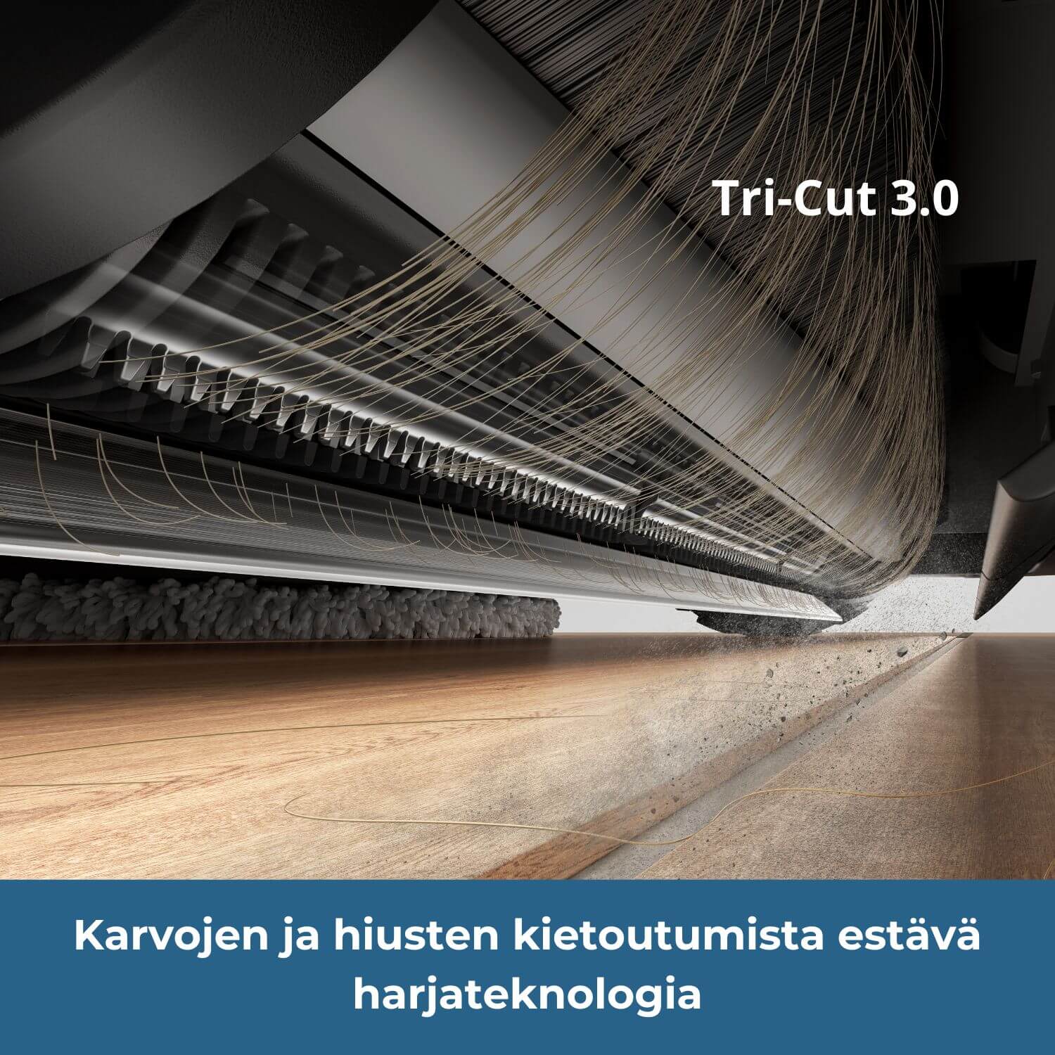 Dreame L50 Ultra AE robotti-imurissa on karvojen ja hiusten kietoutumista estävä TriCut 3.0 -harjateknologia, jonka hampaat leikkaavat karvat harjan ympäriltä.