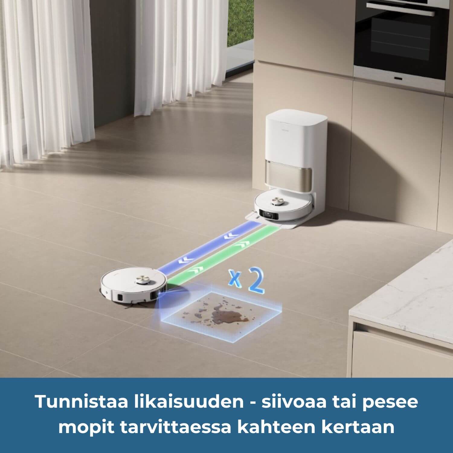 Dreame L50s Pro Ultra robotti-imuri tunnistaa likaisuuden ja siivoaa lattian tai pesee mopit tarvittaessa kahteen kertaan.