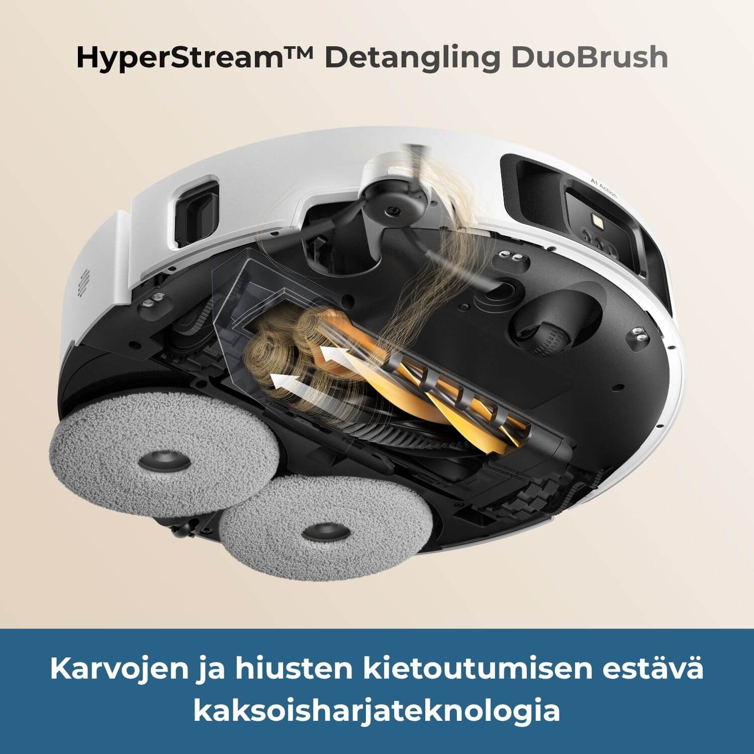 Dreame L50s Pro Ultra robotti-imurissa on karvojen ja hiusten kietoutumisen estävä HyperStream Detangling DuoBrush -kaksoisharjateknologia.