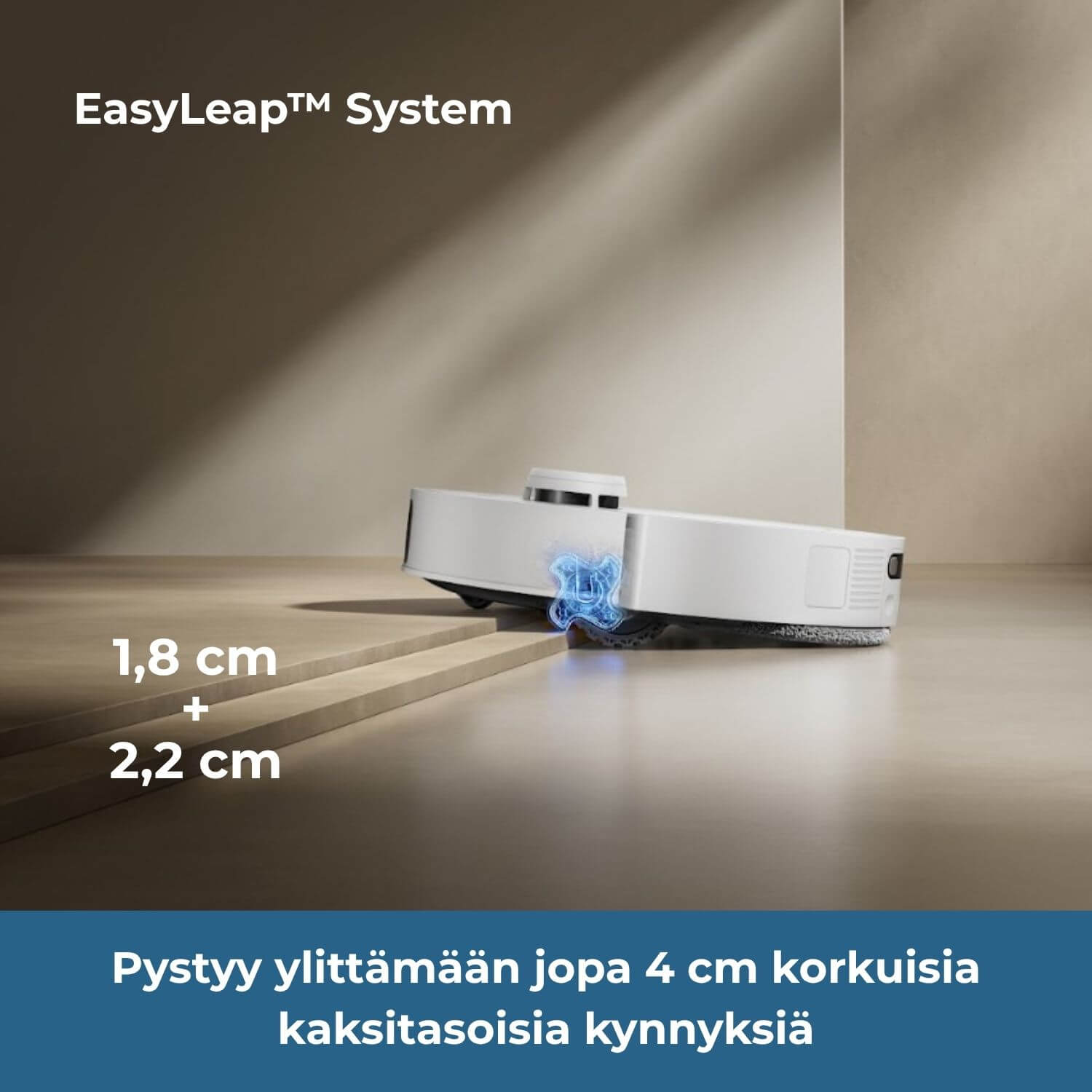 Dreame L50s Pro Ultra robotti-imurin EasyLeap system -järjestelmä pystyy ylittämään apurattaan avulla jopa 4 cm korkuisia kaksitasoisia kynnyksiä ( 1,8 cm + 2,2 cm).