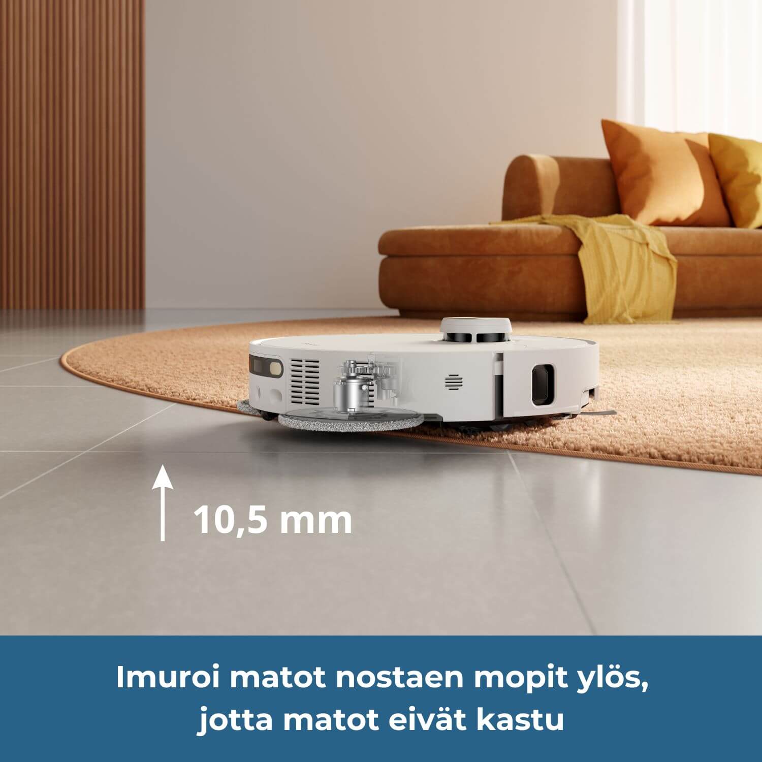 Dreame L50s Pro Ultra robotti-imuri nostaa mopit ylös 10,5 mm korkeuteen automaattisesti mattoja imuroidessaan, jotta matot eivät kastu.
