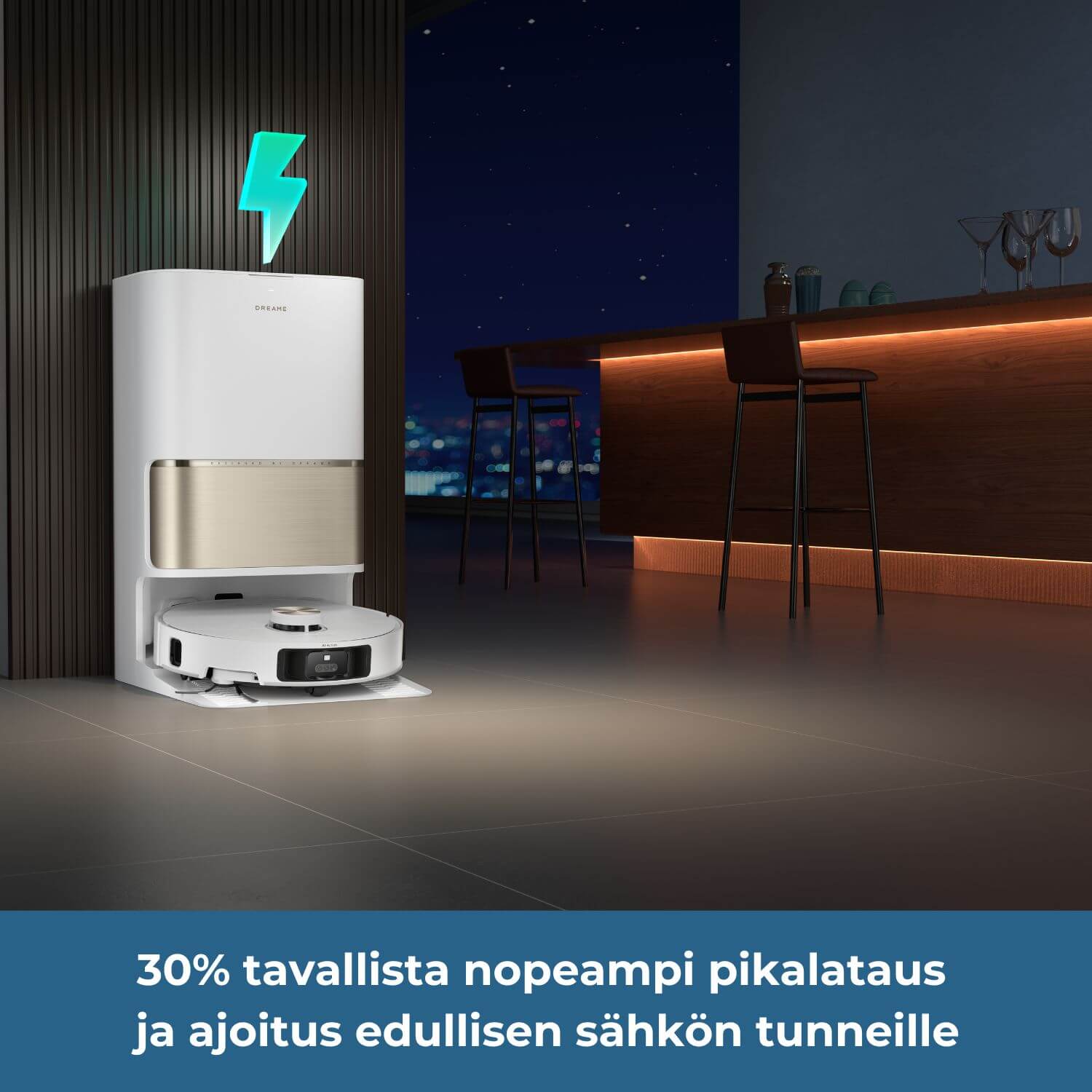 Dreame L50s pro Ultra robotti-imurissa on 30% tavallista nopeampi pikalataus ja se voidaan ajoittaa edullisen sähkön tunneille.