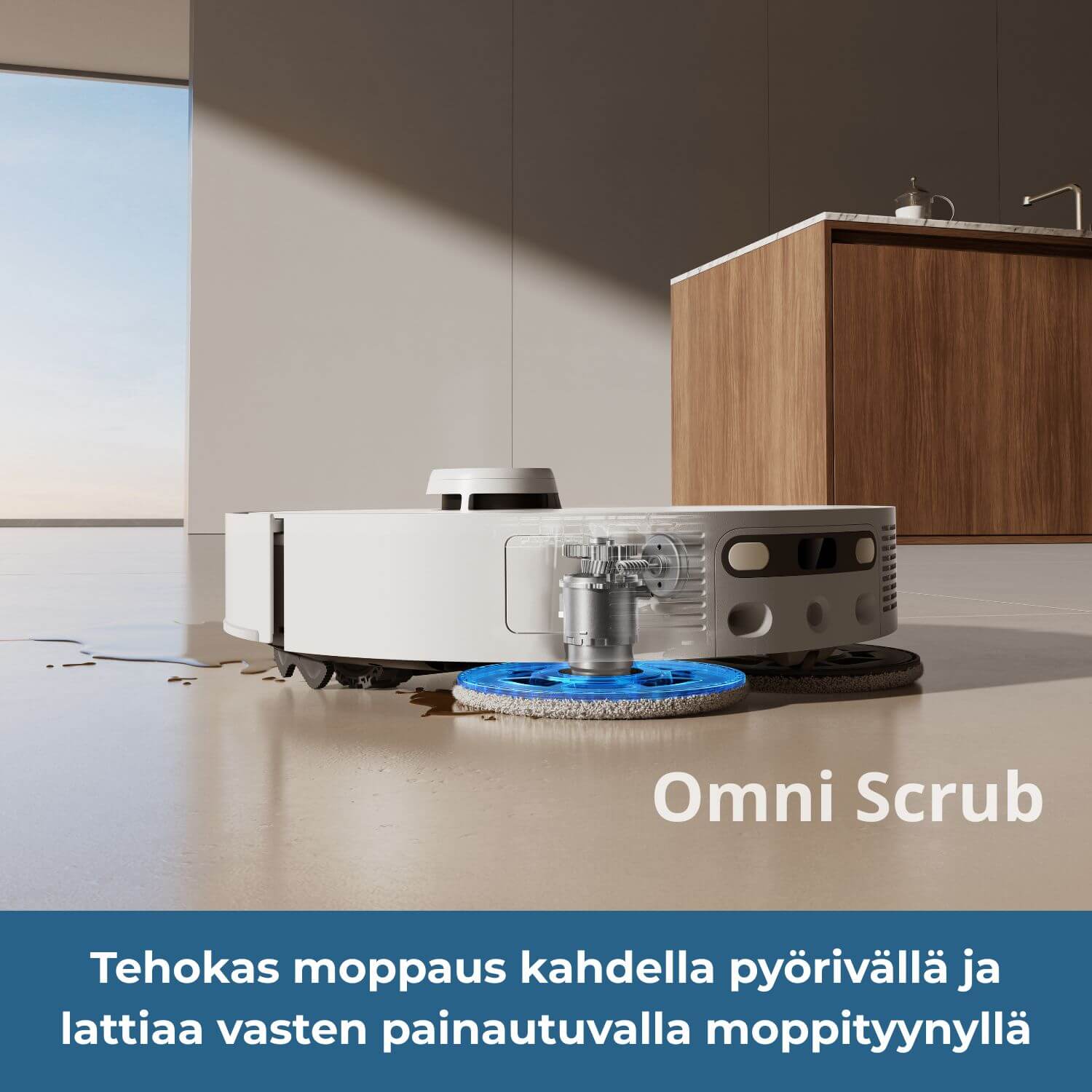 Dreame L50s Pro Ultra robotti-imuri moppaa tehokkaasti kahdella OmniScrub pyörivällä ja lattiaa vasten painautuvalla moppaustyynyllä