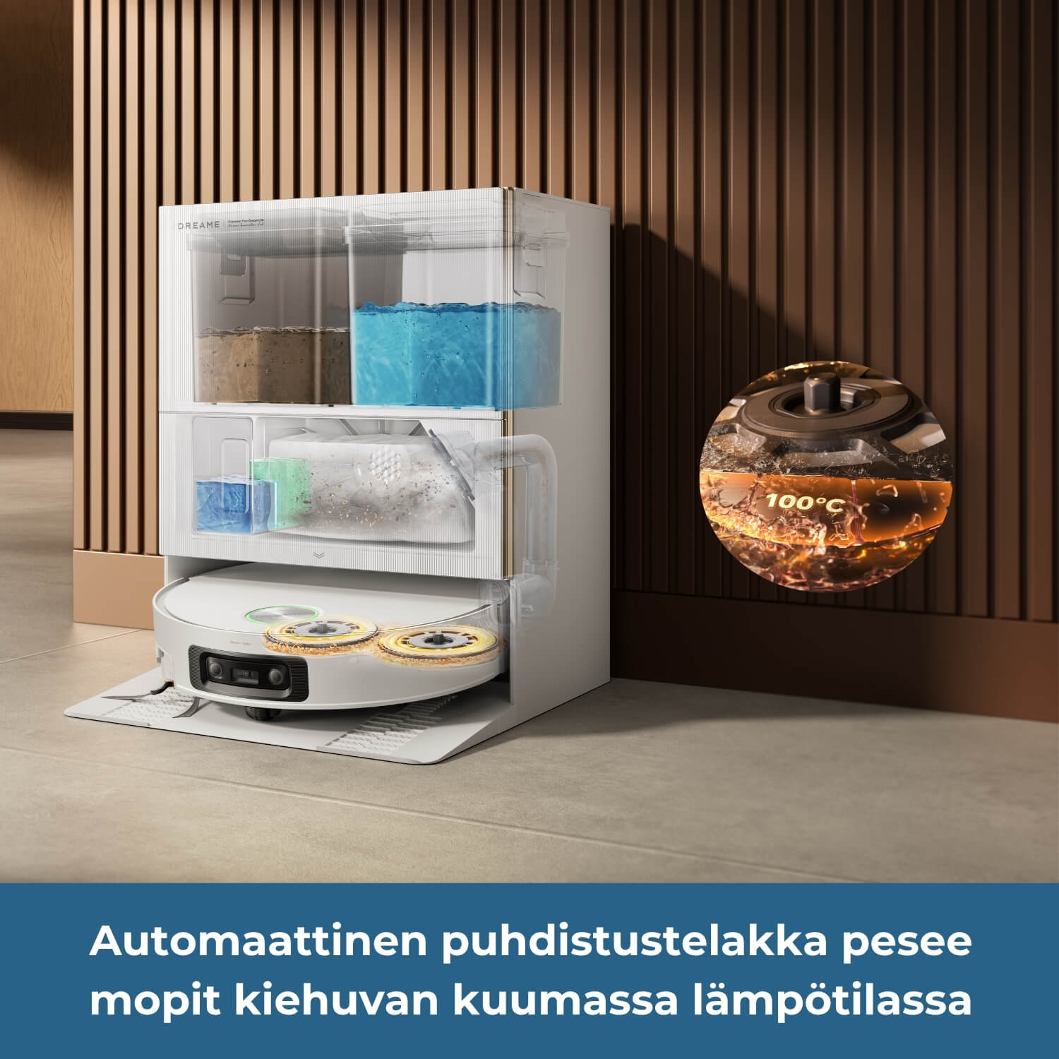Dreame X60 Pro Ultra Complete robotti-imurin automaattinen puhdistustelakka täyttää veden ja annostelee pesuaineen, tyhjentää pölysäiliön, pesee mopit ja telakan kiehuvan kuumassa lämpötilassa ja kuivaa ne.