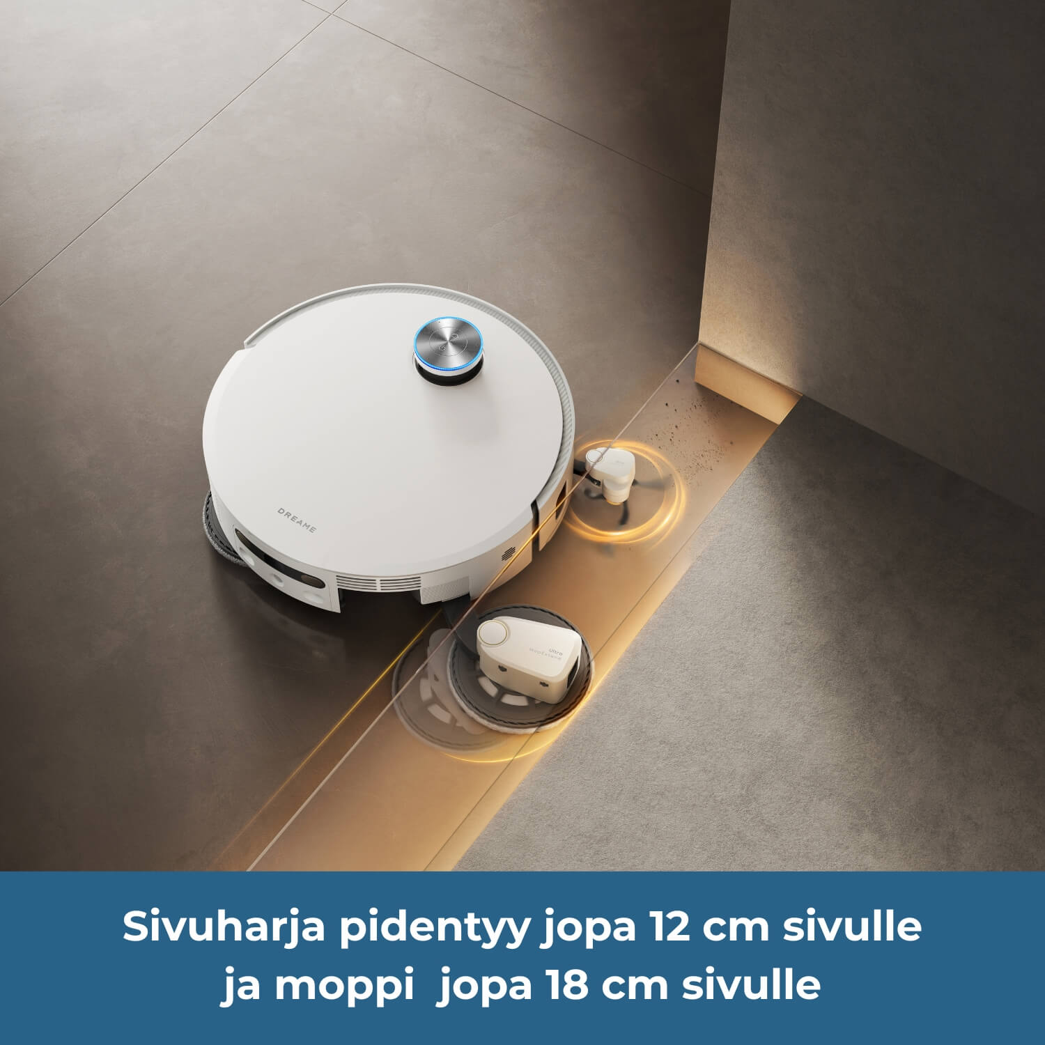 Dreame X60 Pro Ultra Complete robotti-imurin sivuharja pidentyy jopa 12 cm sivulle ja moppi jopa 18 cm sivulle