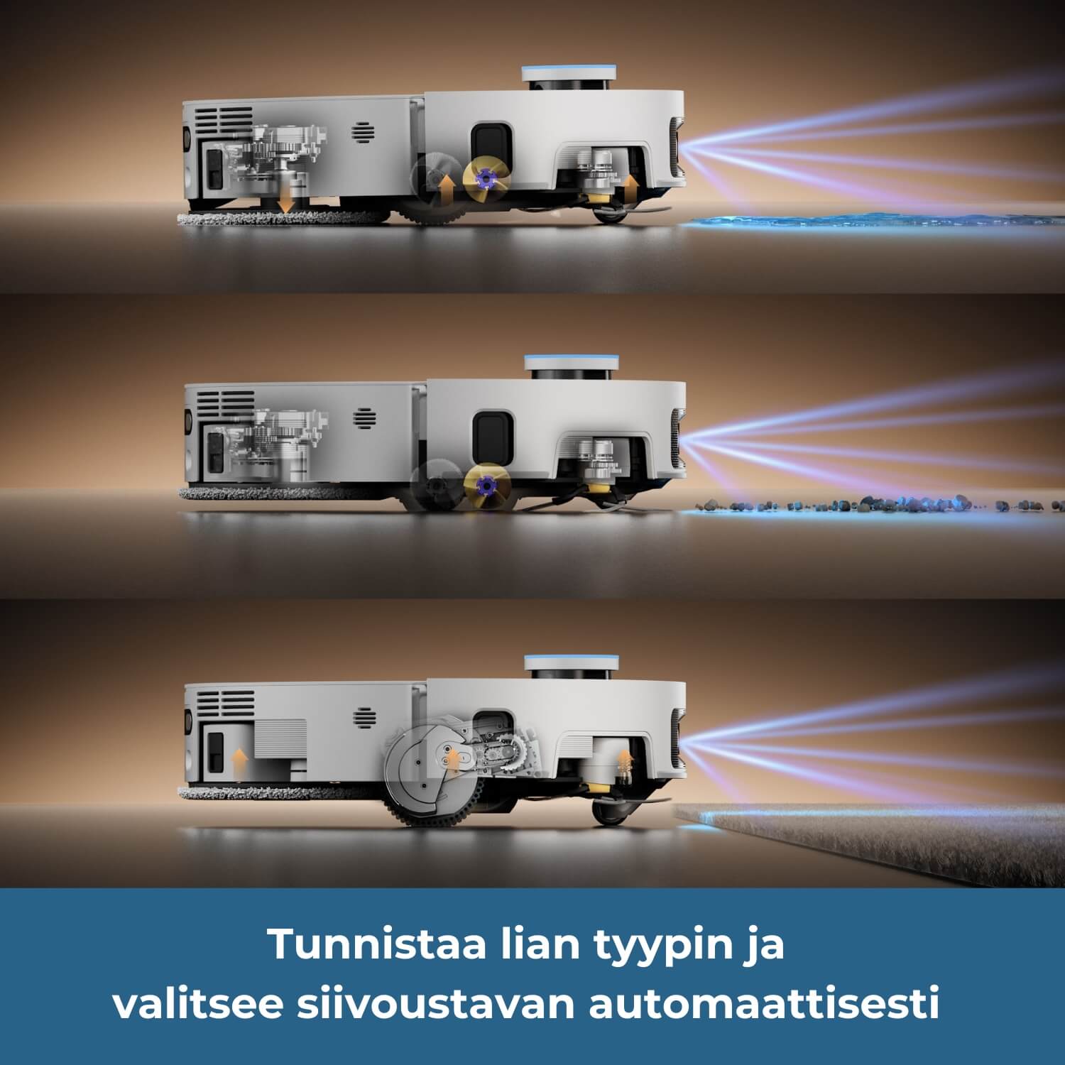 Dreame X60 Pro Ultra Complete robotti-imuri tunnistaa lian tyypin ja valitsee siivoustavan automaattisesti, esimerkiksi märkää tahraa mopatessa se nostaa harjaosat ylös ja vain moppi on alhaalla. 