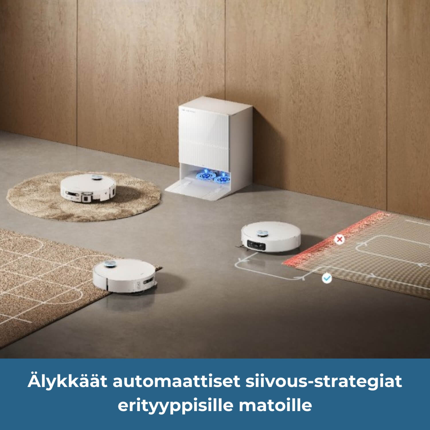 Dreame X60 Pro Ultra Complete robotti-imurissa on älykkäät automaattset siivous-strategiat erityyppisille matoille, esim. tehoimurointi, moppien jättö telakkaan,  tai maton hapsujen välttäminen.