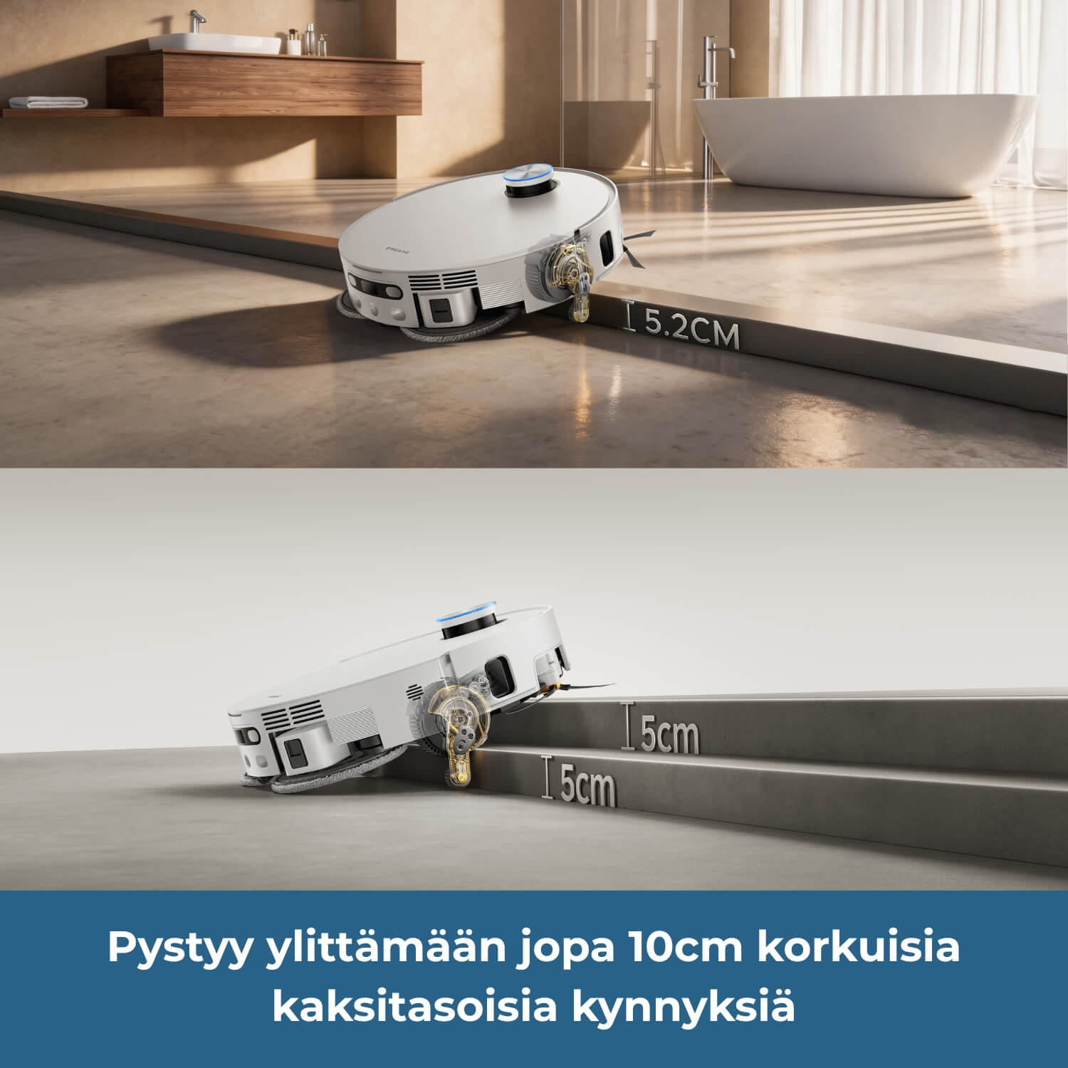 Dreame X60 Pro Ultra Complete robotti-imuri pystyy ylittämään joka 10 cm korkuisia kaksitasoisia kynnyksiä ja jopa 5,2 cm yksitasoisia kynnyksiä 