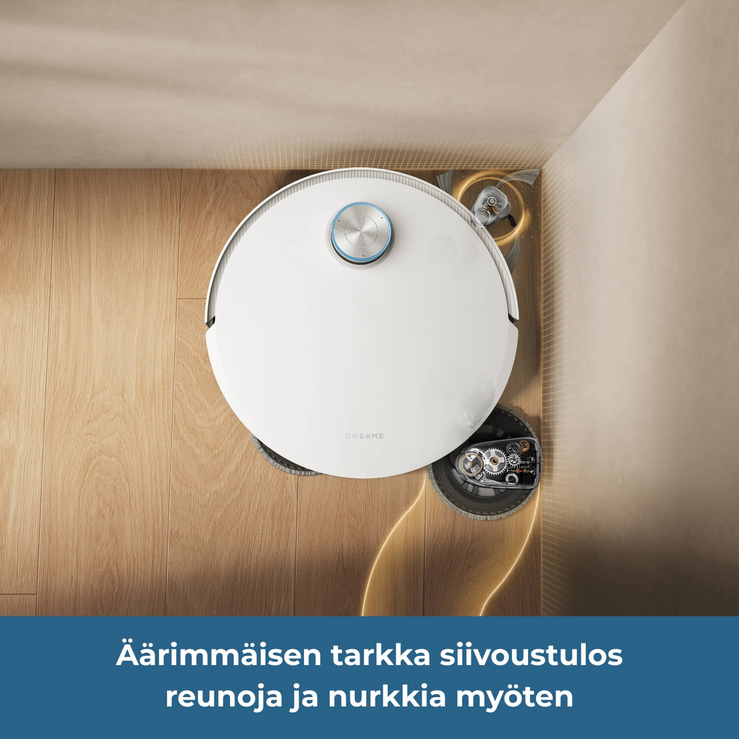 Dreame X60 Pro Ultra Complete robotti-imurin siivoustulos on äärimmäisen tarkka reunoja ja nurkkia myöten