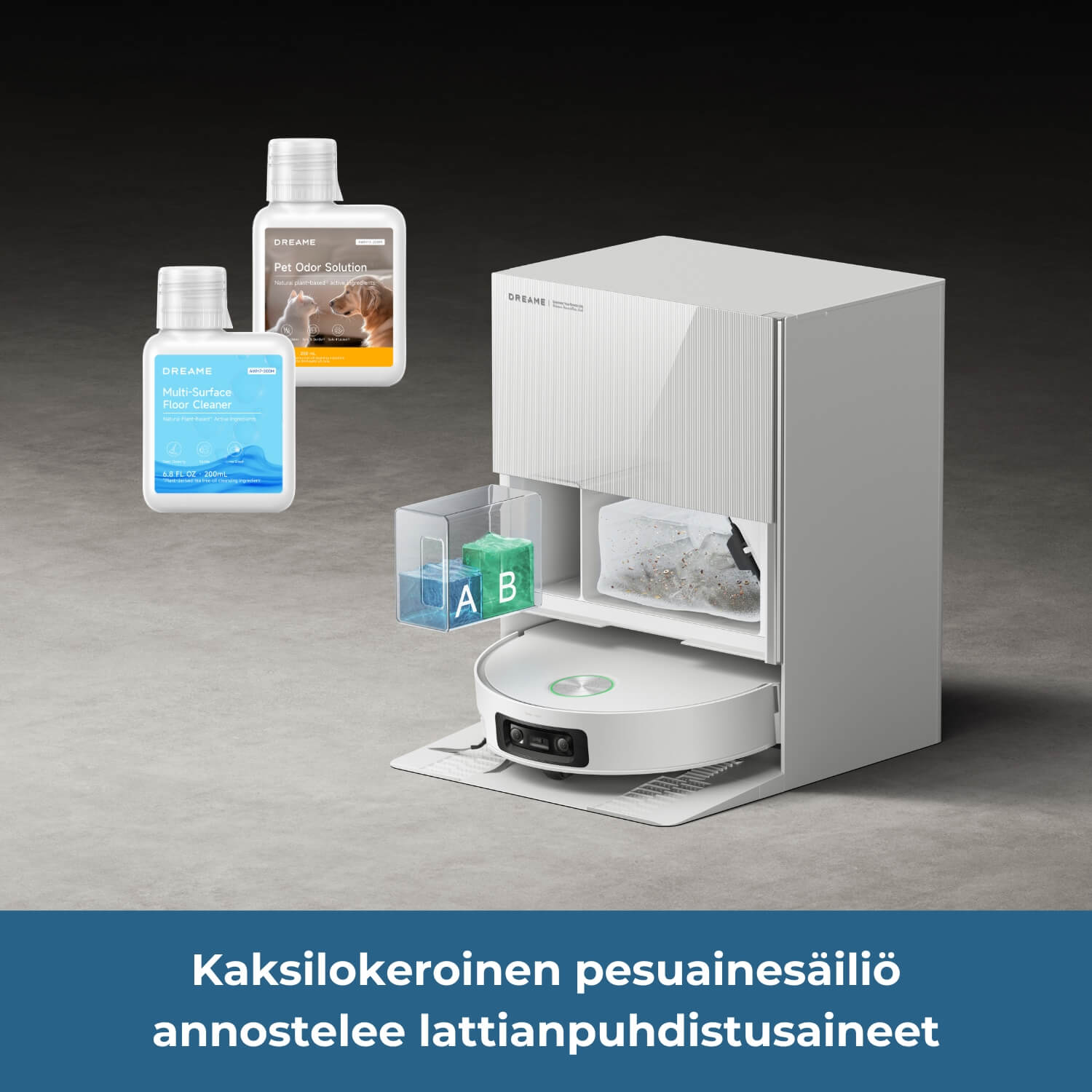 Dreame X60 Pro Ultra Complete robotti-imurissa on kaksiosainen pesuainelokero, joka annostelee pesuaineet. Siinö voidaan käyttää eesimerkiksi Dreame lattianpuhdistusainetta ja Dreame lemmikinhajuja neutralisoivaa lattianpuhdistusainetta