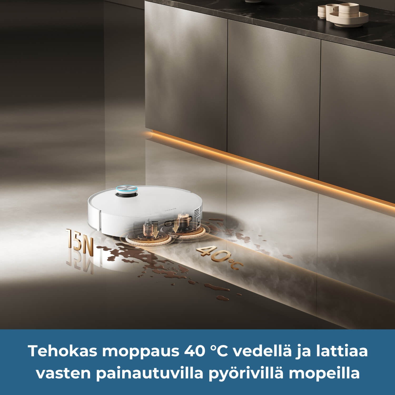Dreame X60 Pro Ultra Complete robotti-imurissa on tehokas moppaus 40 asteisella vedellä ja lattiaa vasten 15 N voimalla painautuvilla mopeilla