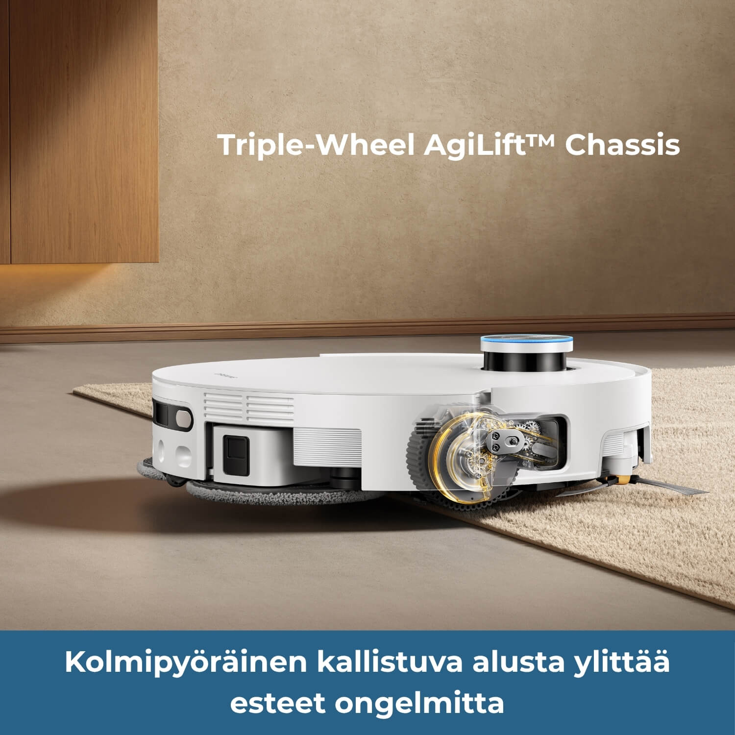 Dreame X60 Pro Ultra Complete robotti-imurin kolmipyöräinen kallistuva alusta ylittää matalat esteet, kuten maton reunan, ongelmitta