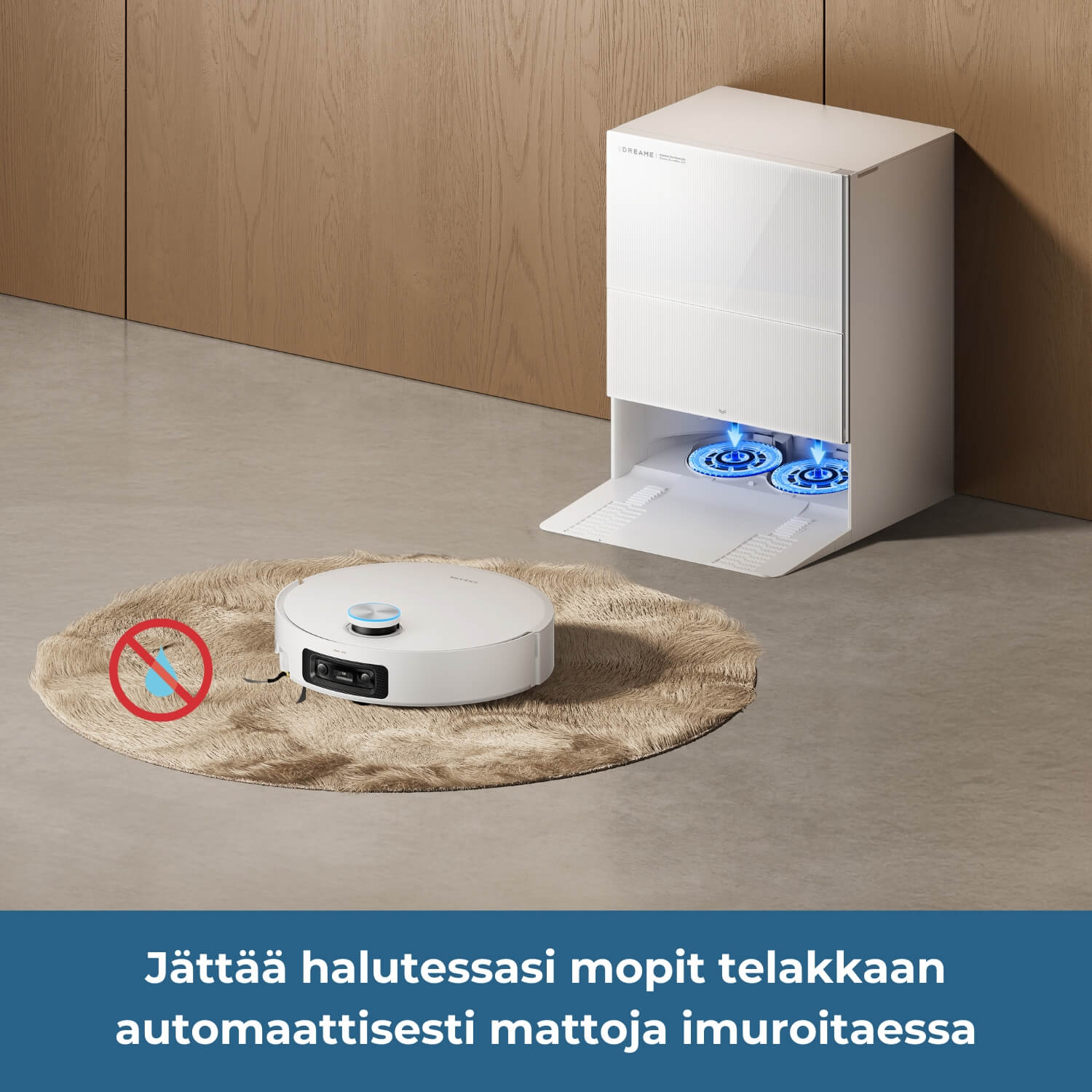 Dreame X60 Pro Ultra Complete robotti-imuri voi halutessasi jättää mopit telakkaan mattoja imuroitaessa, mikä suojelee mattoja kosteudelta.
