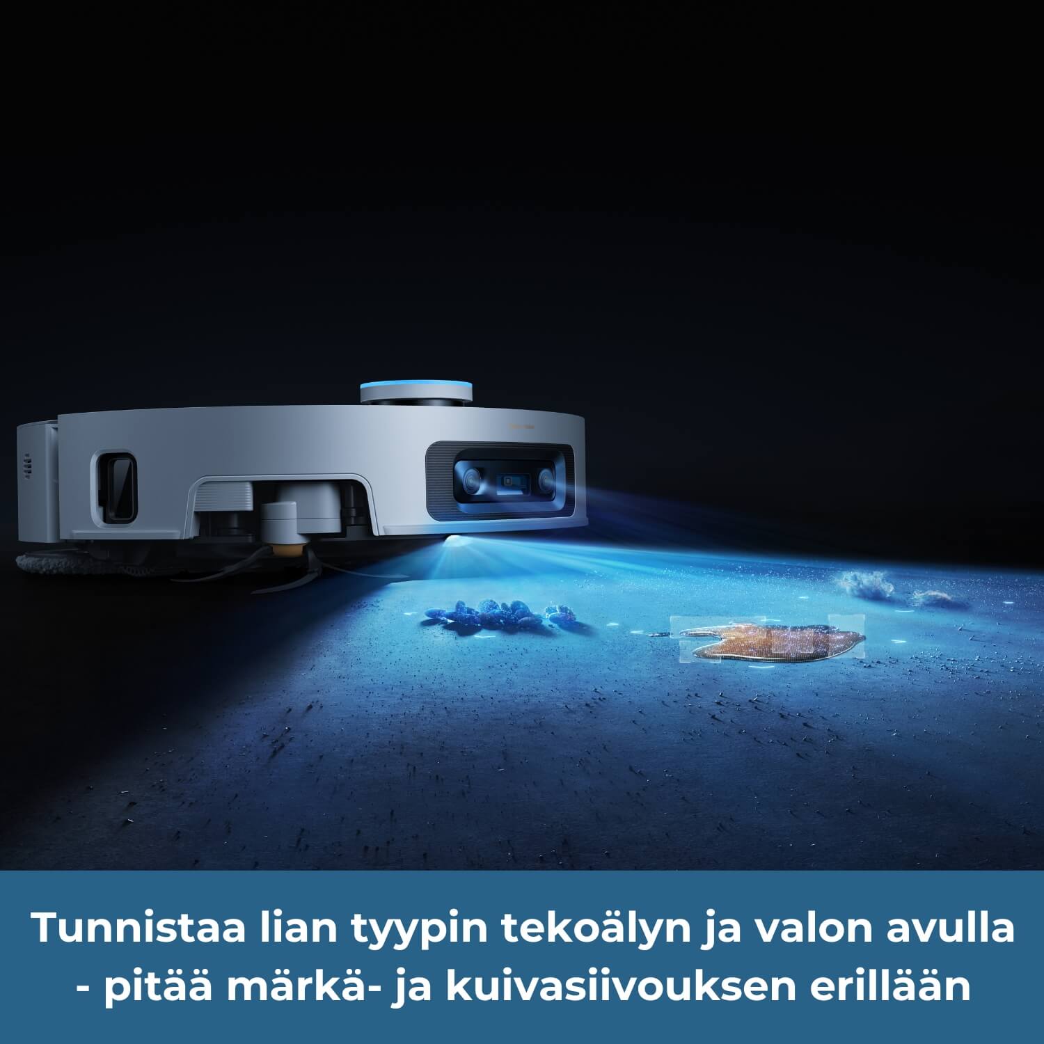 Dreame X60 Pro Ultra Complete robotti-imuri tunnistaa lian tyypin tekoälyn ja valon avulla sekä pitää märkä- ja kuivasiivouksen erillään