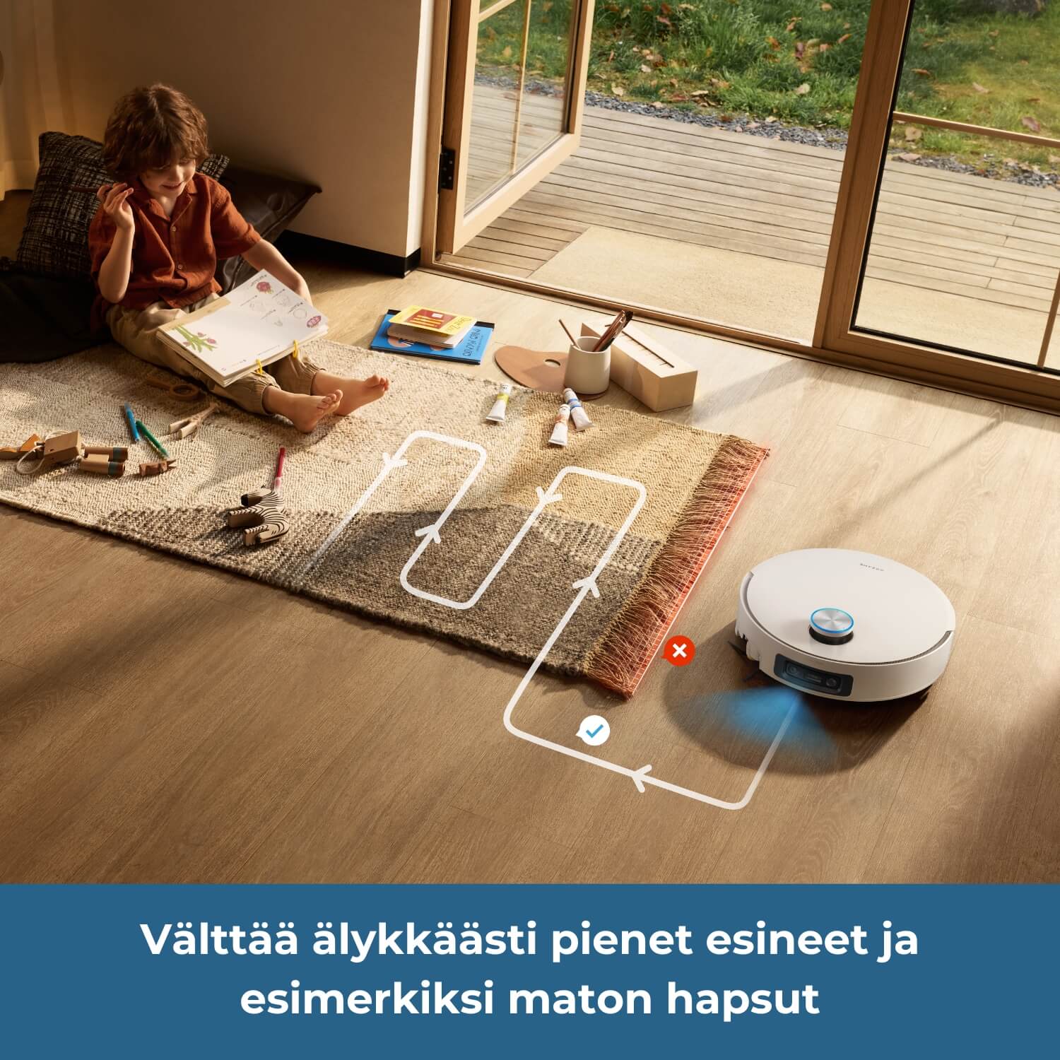 Dreame X60 Pro Ultra Complete robotti-imuri välttää älykkäästi pienet esineet ja esimerkiksi maton hapsut