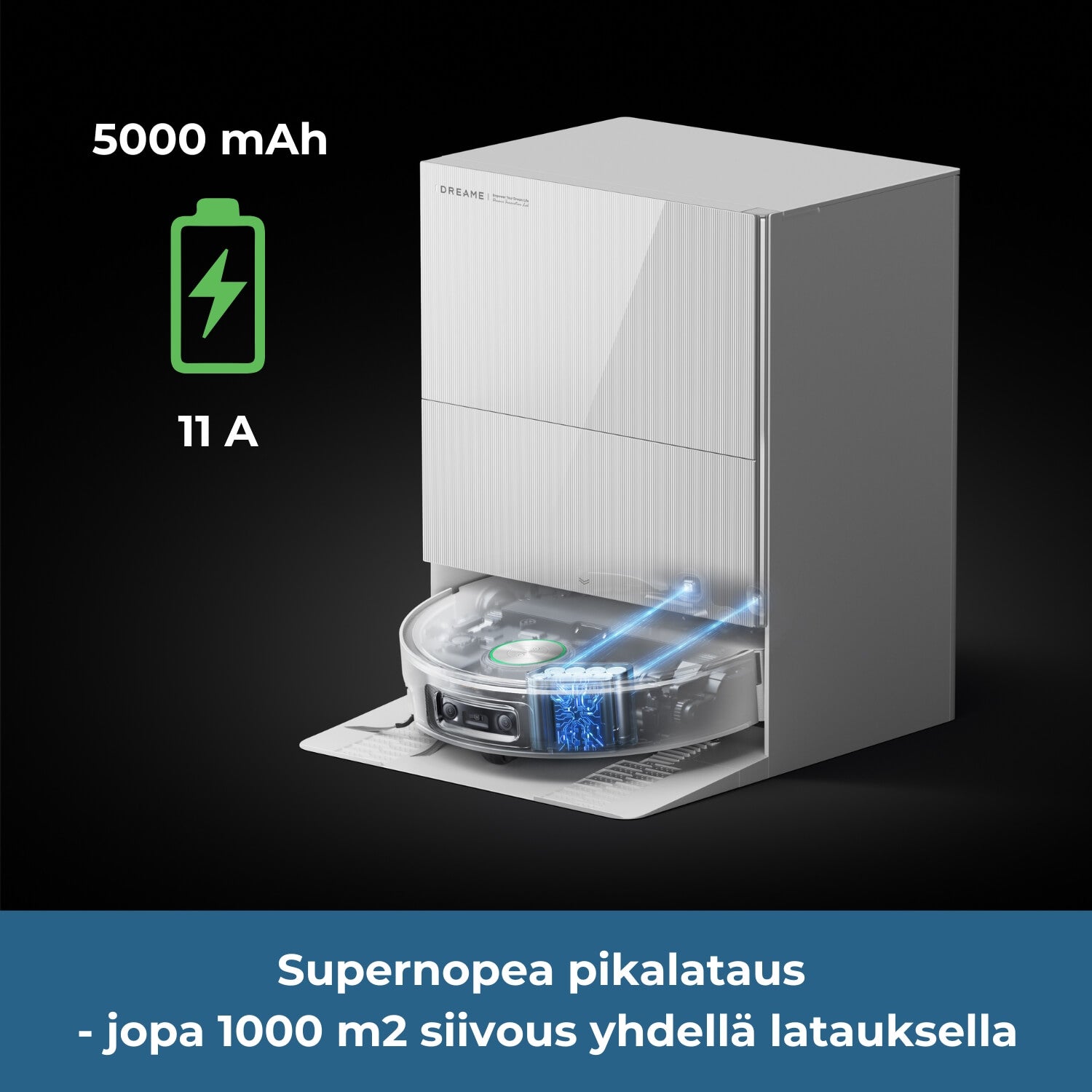 Dreame X60 Pro Ultra Complete robotti-imurissa on 11A supernopea pikalataus ja 5000 mAh akku. Se voi siivota jopa 1000 m2 yhdellä latauksella