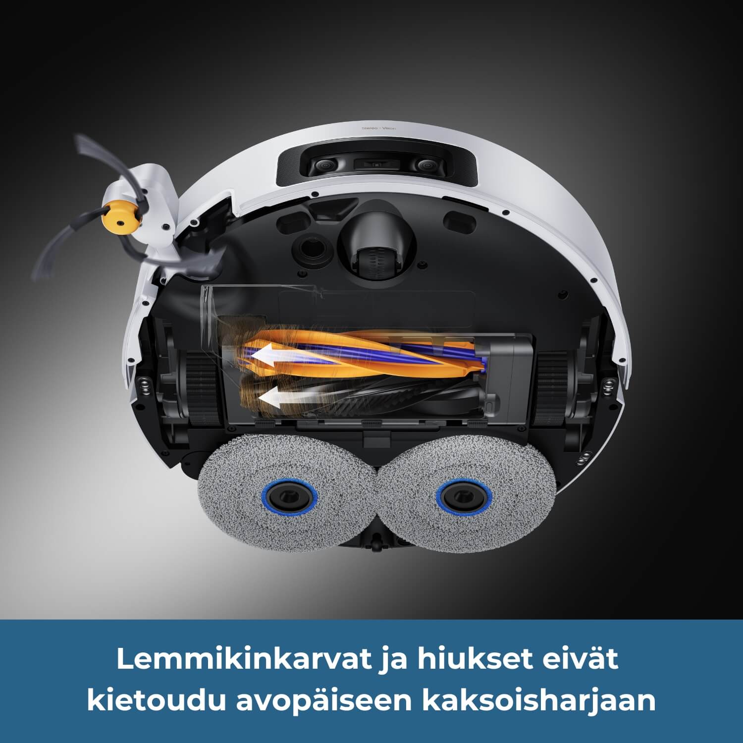 Dreame X60 Pro Ultra Complete robotti-imurissa on toisesta päästä avoin HyperStream Dual Brush kaksoisharja, johon hiusket ja lemmikinkarvat eivät kietoudu.