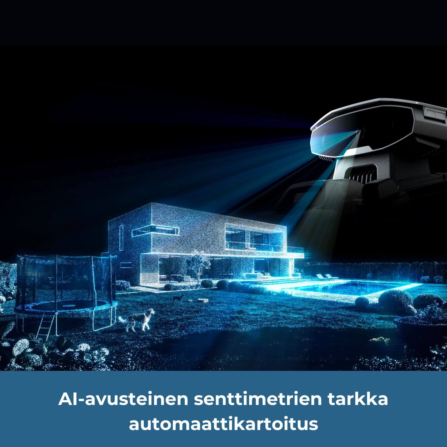 MAMMOTION LUBA mini 2 AWD 1000 rajalangattomassa robottiruohonleikkurissa on tekoälyavusteinen senttimetrien tarkka automaattikartoitus ja -paikannus jopa pimeässä.