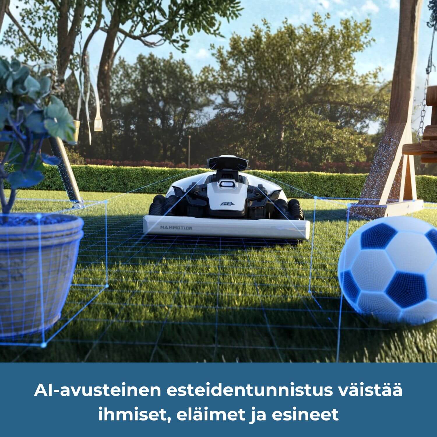 MAMMOTION LUBA mini 2 AWD 1000 rajalangattoman robottiruohonleikkurin AI-avusteinen esteidentunnistus väistää ihmiset, eläimet sekä esineet, kuten kukkaruukut, jalkapallon ja puutarhakalusteet.