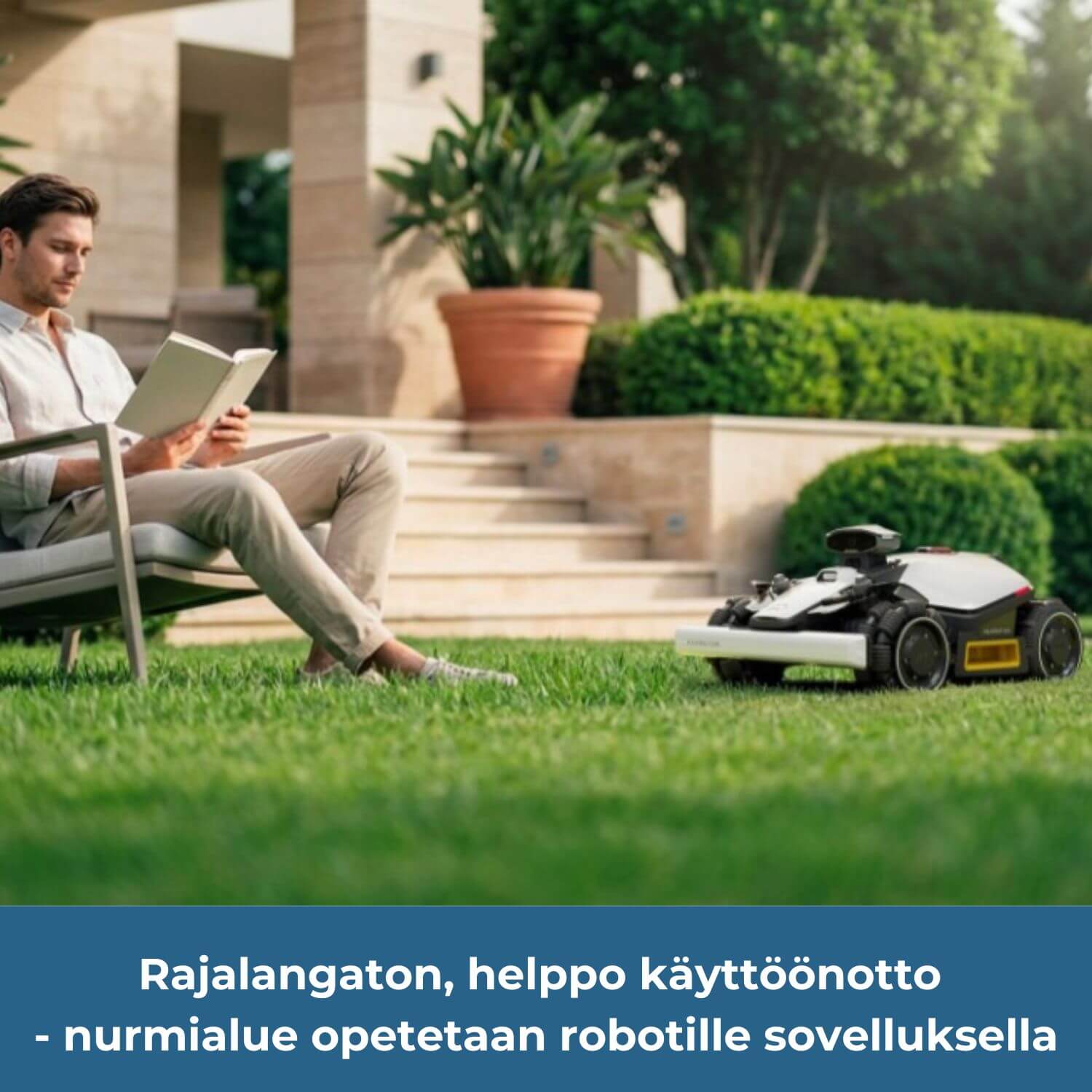 MAMMOTION LUBA mini 2 AWD 1000 rajalangattoman robottiruohonleikkurin käyttöönotto on helppo ja nopea -nurmialueen rajat opetetaan robotille mobiilisovelluksella.
