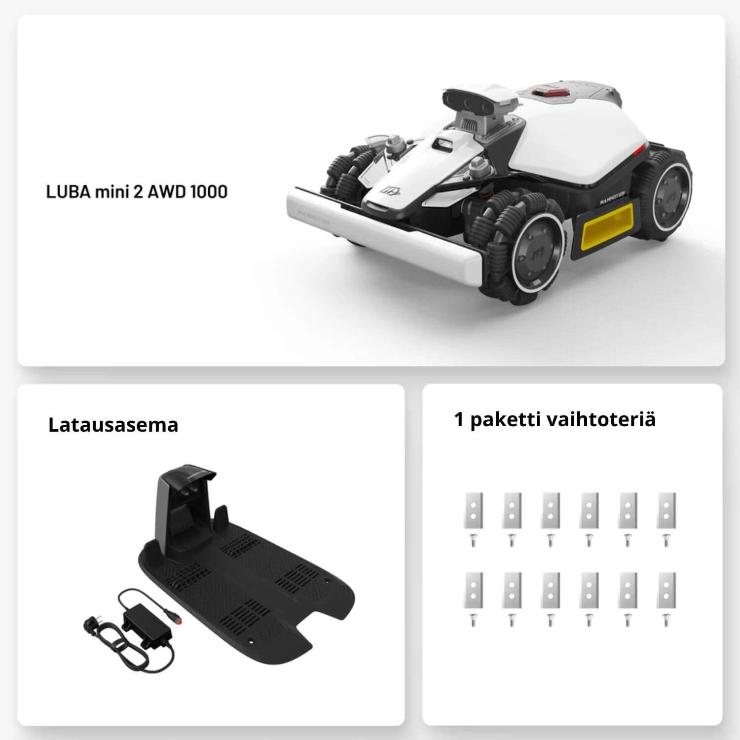 MAMMOTION LUBA mini 2 AWD 1000 tummanharmaa/valkoinen pakkauksen sisältö: robotti, latausasema ja 1 paketti vaihtoteriä