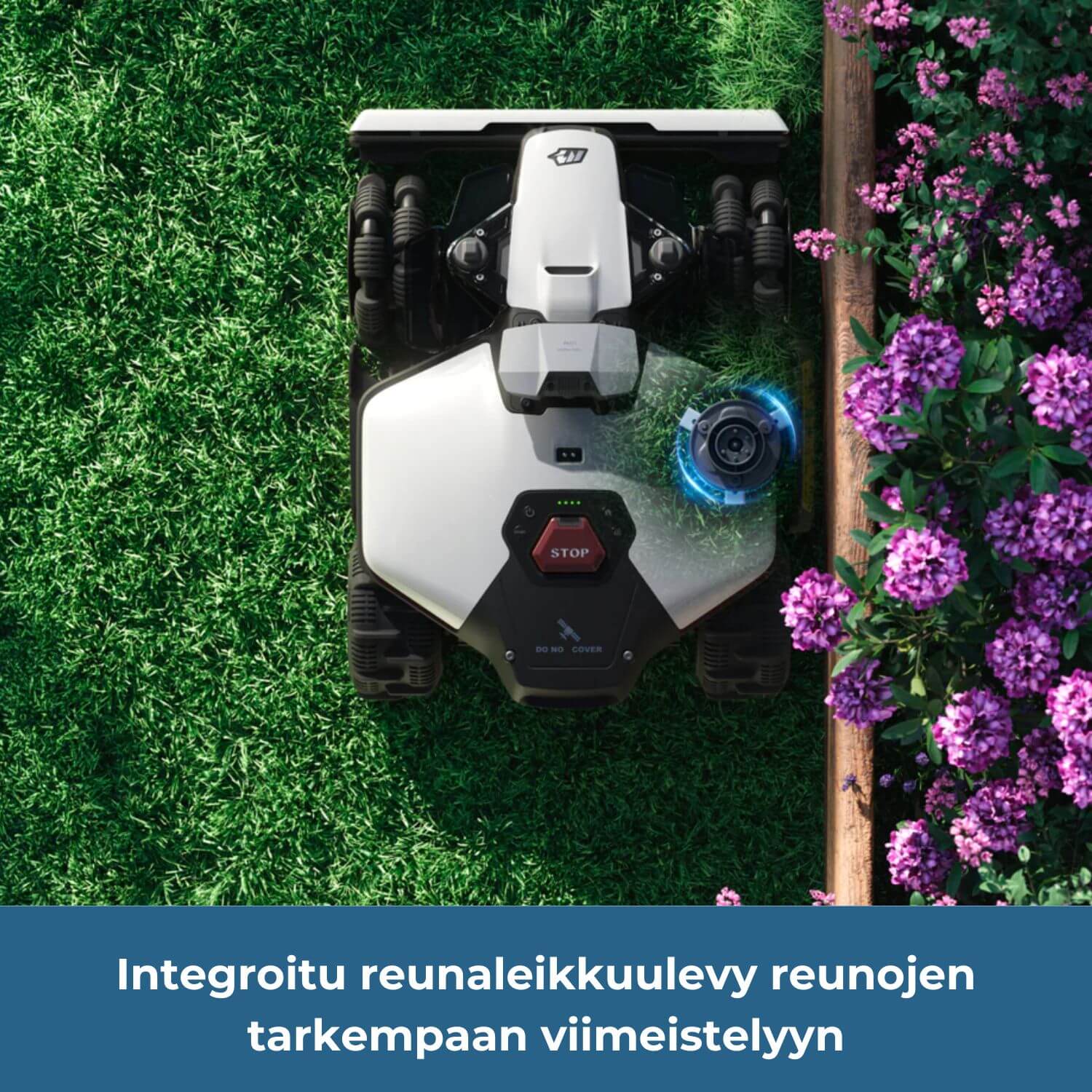 MAMMOTION LUBA mini 2 AWD 1000 rajalangattomassa robottiruohonleikkurissa on integroitu/sisäänrakennettu reunaleikkuulevy tarkempaan reunojen viimeistelyyn, esimerkiksi aidan tai istutusten vieressä.