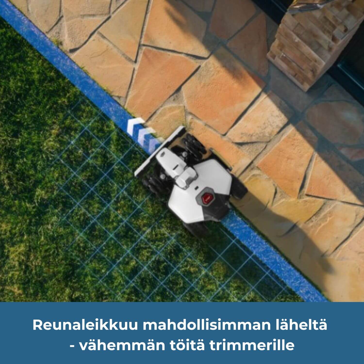 MAMMOTION LUBA mini 2 AWD 1000 rajalangattoman robottiruohonleikkurin reunaleikkuu ajaa nurmen mahdollisimman läheltä reunaa tai jopa reunan päällä, jonka vuoksi viimeistelylle trimmerillä on vähemmän tarvetta.