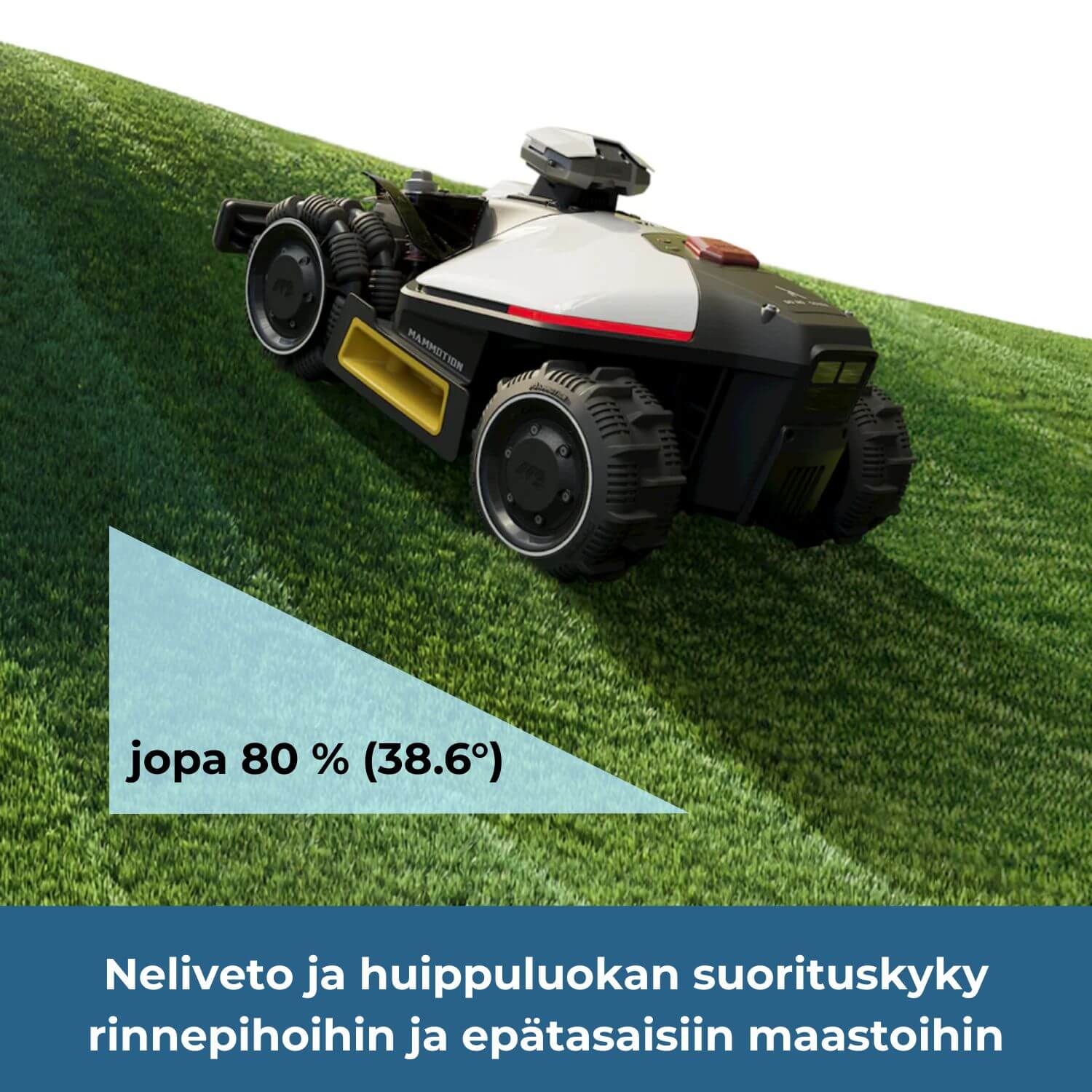 MAMMOTION LUBA mini 2 AWD 1000 rajalangattomassa robottiruohonleikkurissa on neliveto ja huippuluokan suorituskyky rinnepihoihin ja epätasaisiin maastoihin. Nousukyky riittää jopa 80% (38.6 astetta) kaltevuuskulman rinteisiin.